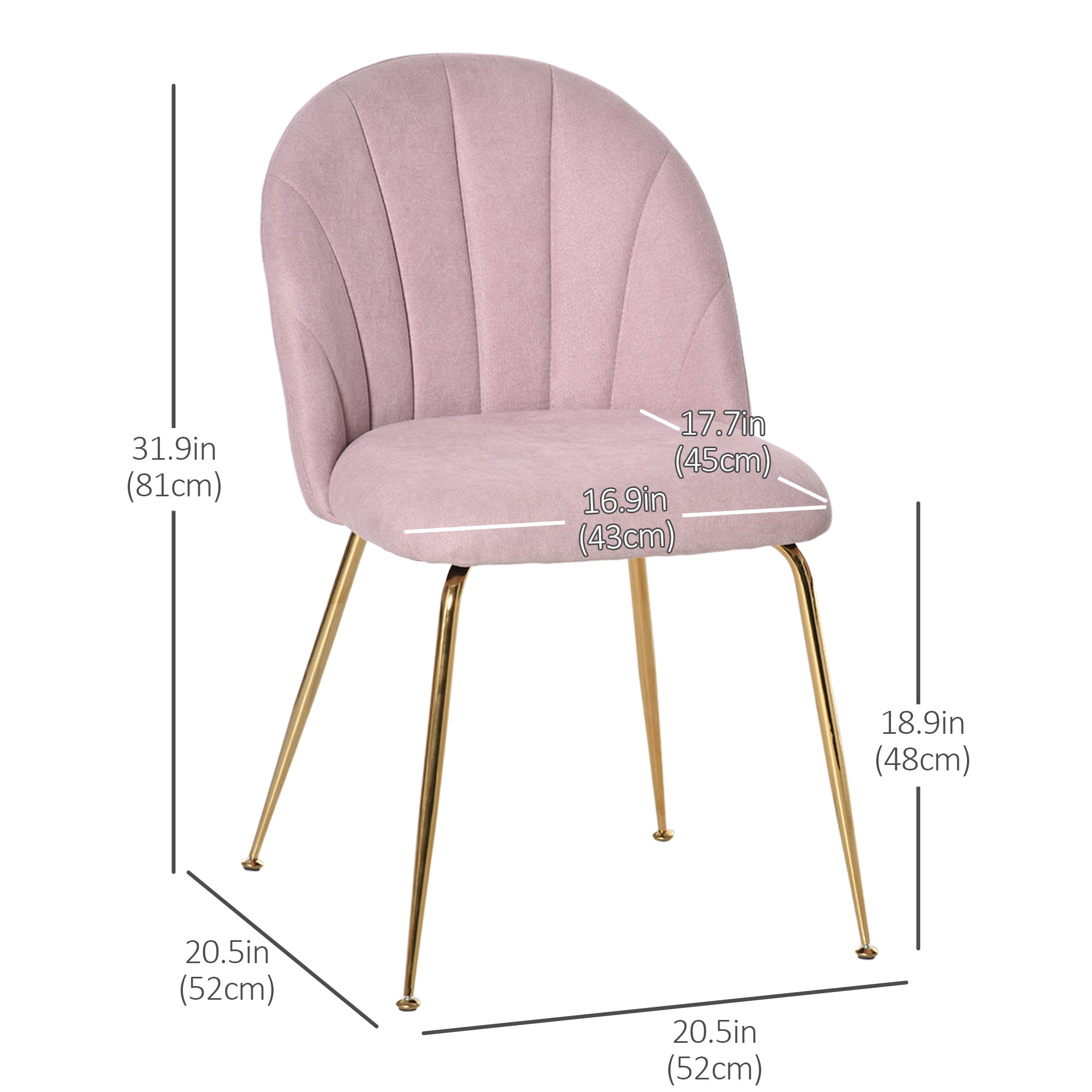 HOMCOM Modern Dining Chairs Set of 2, Upholstered Kitchen Chairs, Accent Chair with Gold Metal Legs for Kitchen, Dining Room, Pink