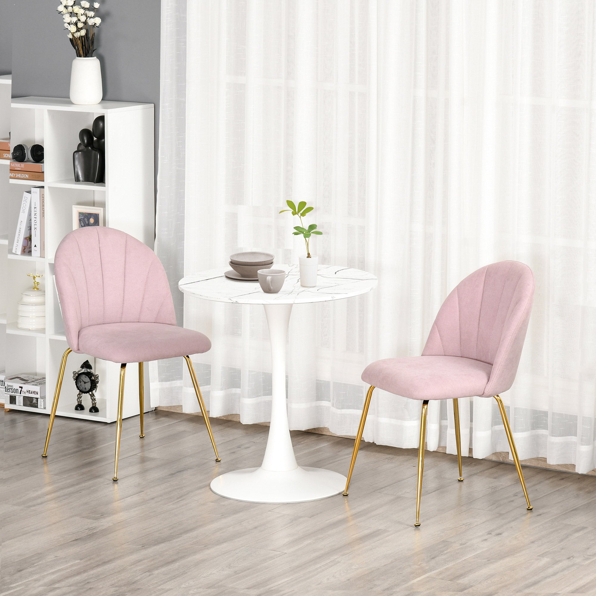 HOMCOM Modern Dining Chairs Set of 2, Upholstered Kitchen Chairs, Accent Chair with Gold Metal Legs for Kitchen, Dining Room, Pink