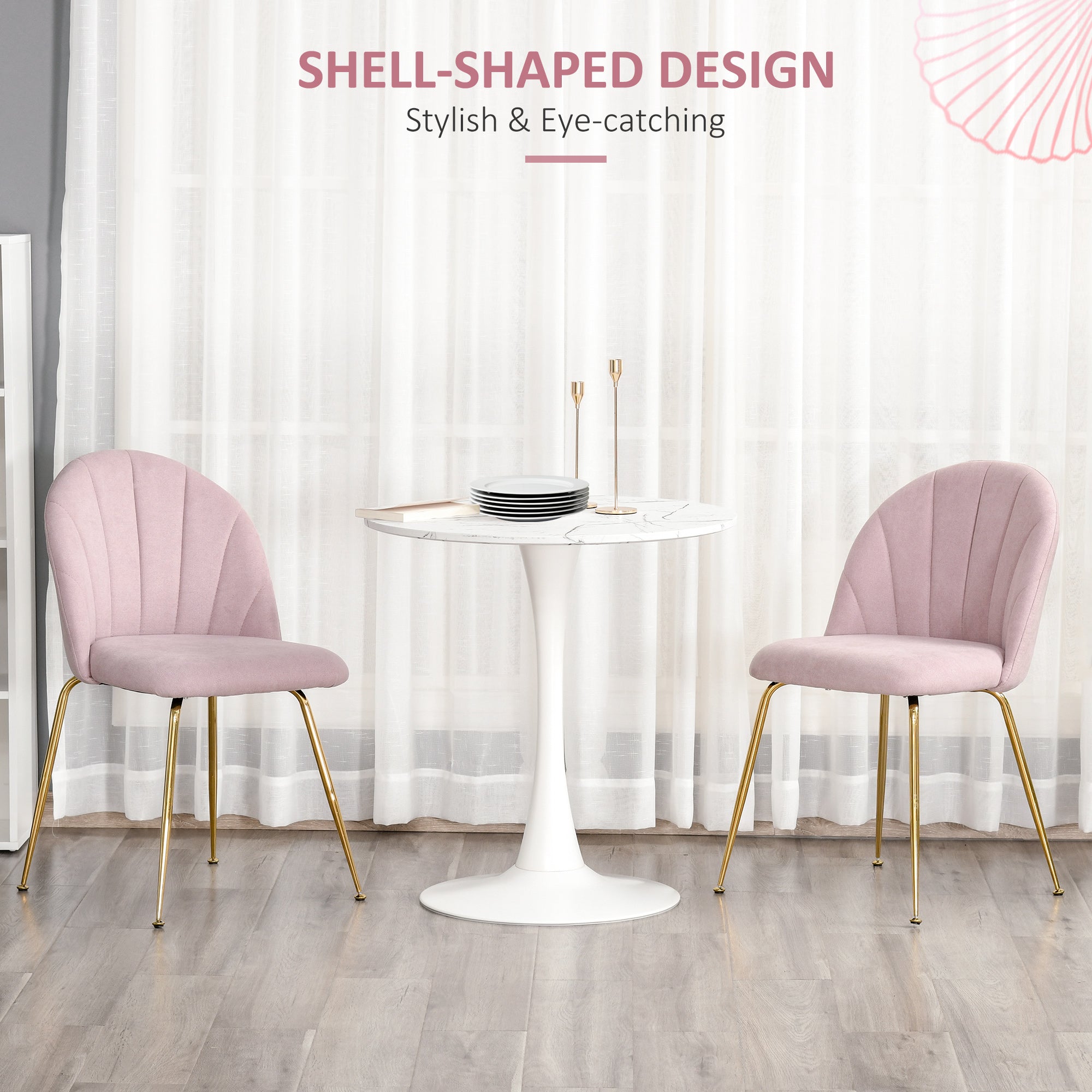 HOMCOM Modern Dining Chairs Set of 2, Upholstered Kitchen Chairs, Accent Chair with Gold Metal Legs for Kitchen, Dining Room, Pink