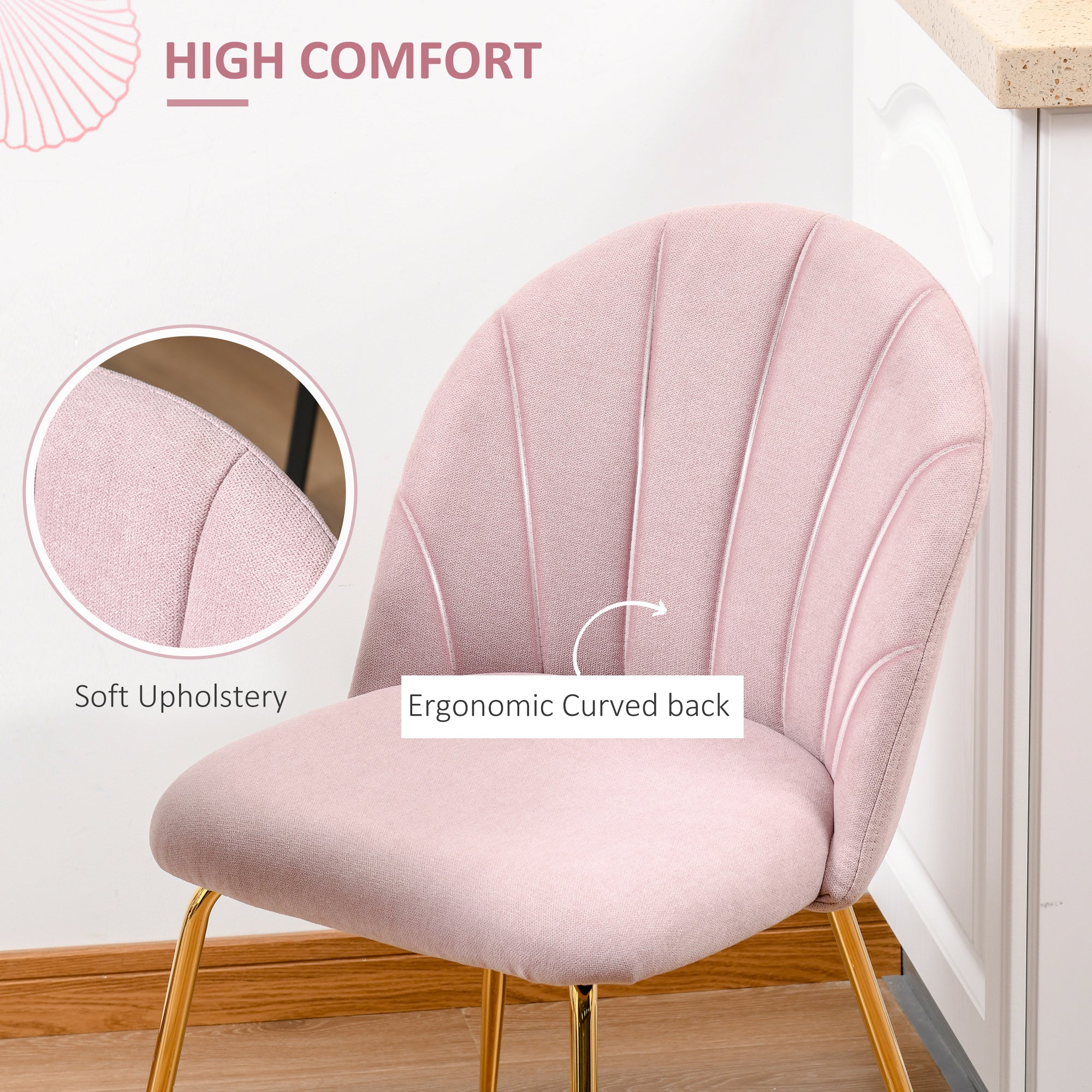 HOMCOM Modern Dining Chairs Set of 2, Upholstered Kitchen Chairs, Accent Chair with Gold Metal Legs for Kitchen, Dining Room, Pink