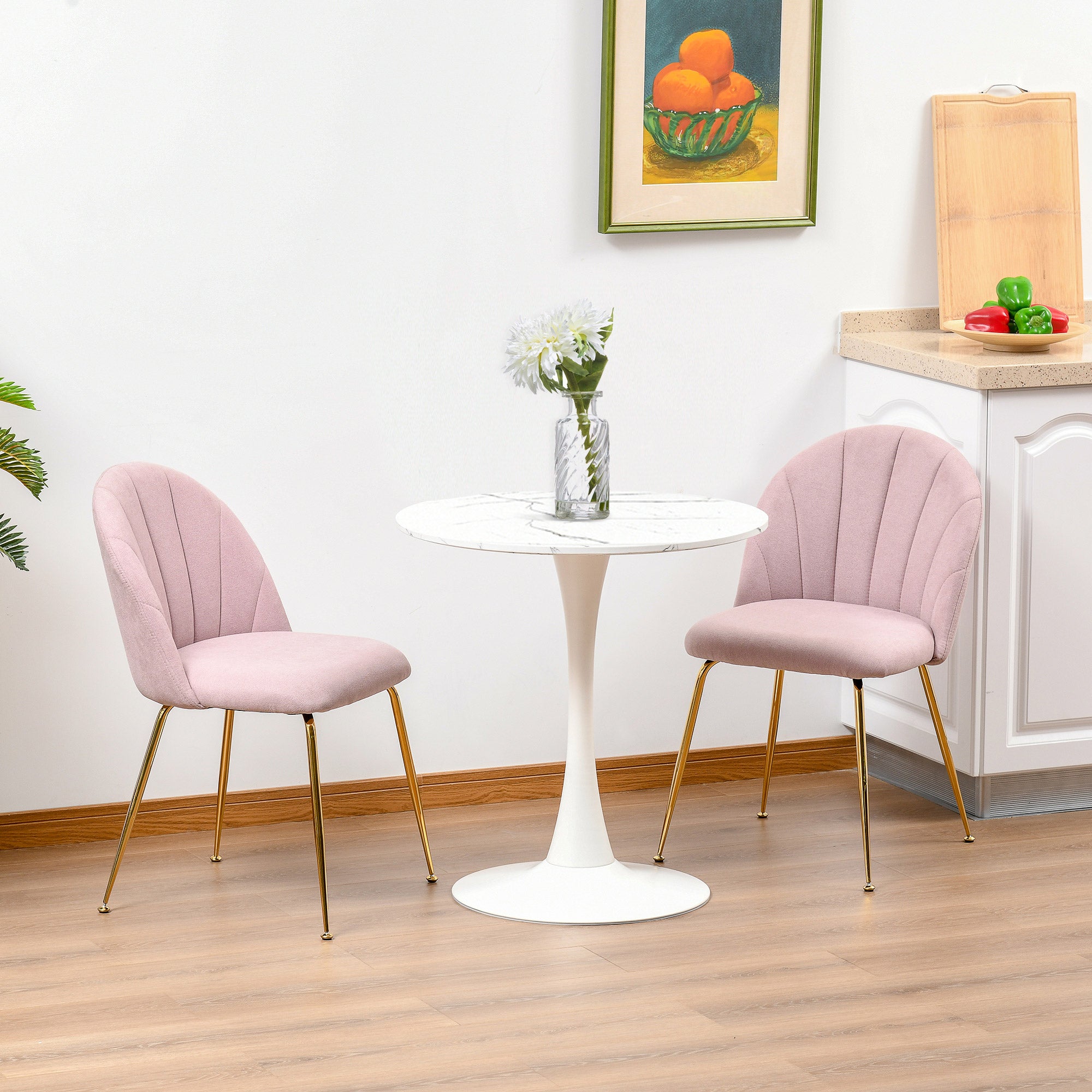 HOMCOM Modern Dining Chairs Set of 2, Upholstered Kitchen Chairs, Accent Chair with Gold Metal Legs for Kitchen, Dining Room, Pink