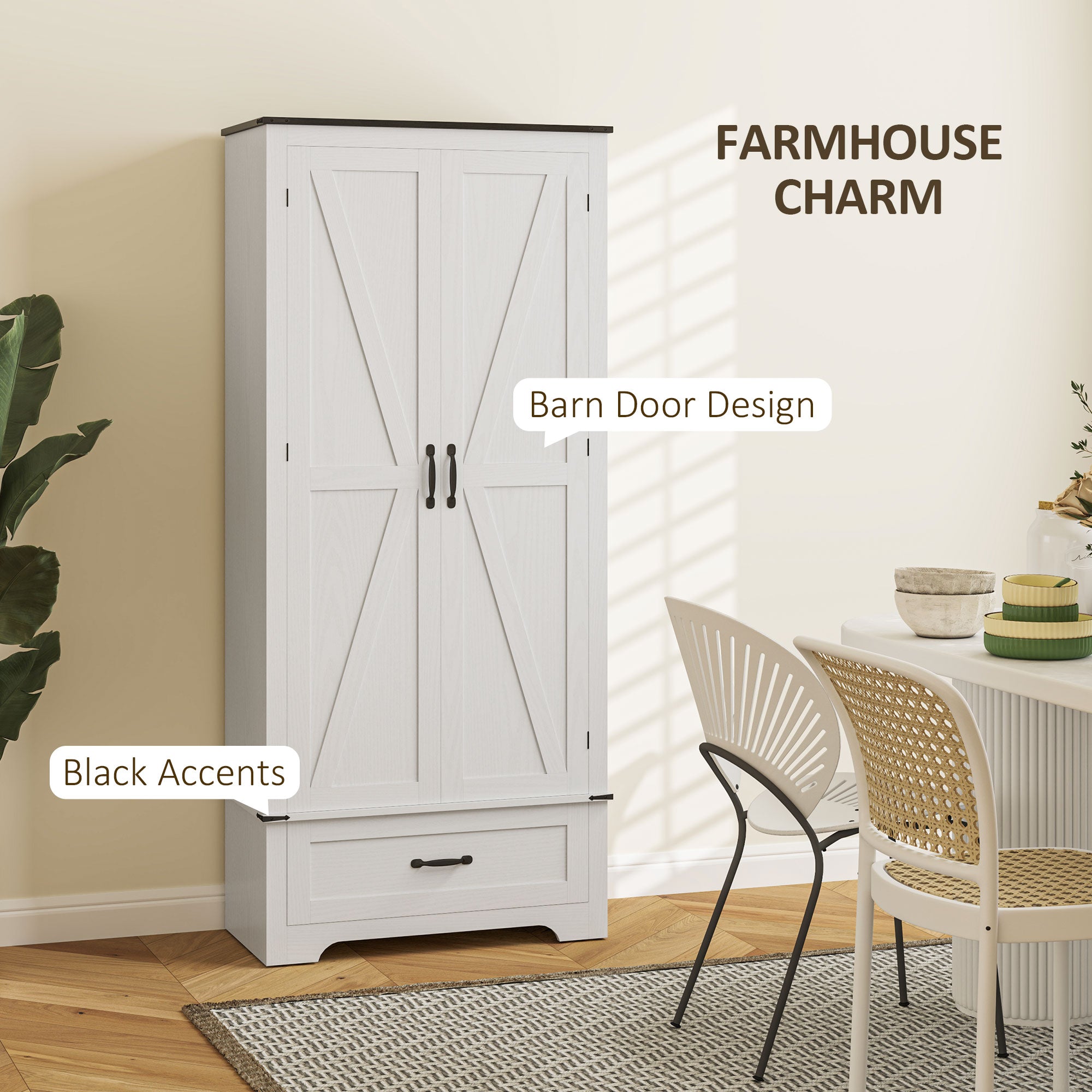 HOMCOM 72" Tall Farmhouse Kitchen Pantry Cabinet - Kitchen Storage Cabinet with Adjustable Shelves & 2 Barn Doors & Drawer, Versatile Storage Unit for Dining Room, Distressed White