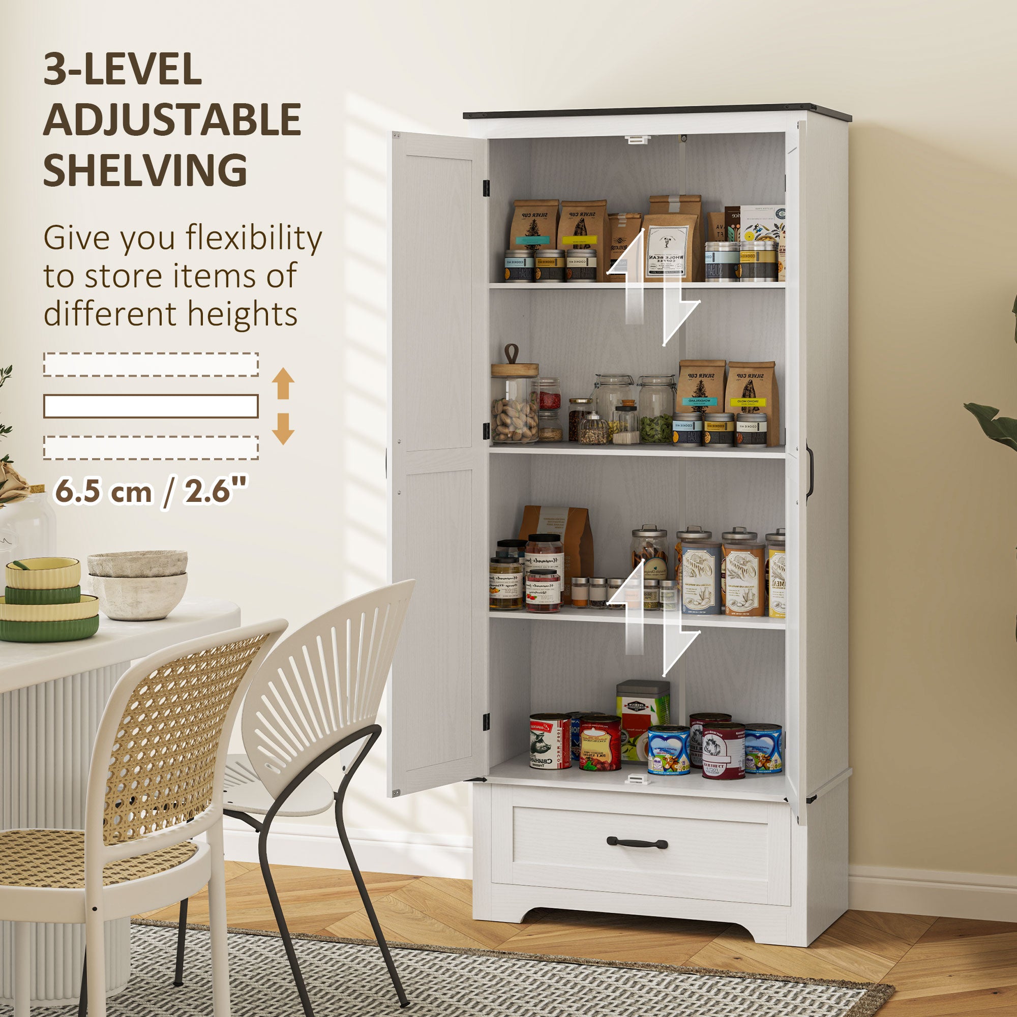 HOMCOM 72" Tall Farmhouse Kitchen Pantry Cabinet - Kitchen Storage Cabinet with Adjustable Shelves & 2 Barn Doors & Drawer, Versatile Storage Unit for Dining Room, Distressed White