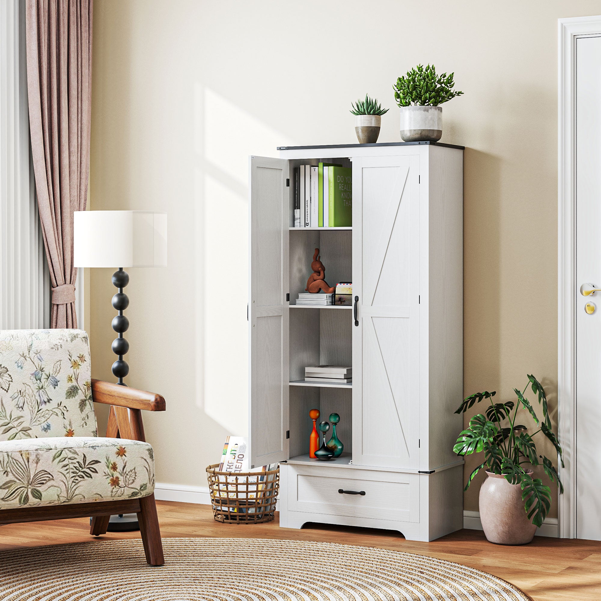 HOMCOM 72" Tall Farmhouse Kitchen Pantry Cabinet - Kitchen Storage Cabinet with Adjustable Shelves & 2 Barn Doors & Drawer, Versatile Storage Unit for Dining Room, Distressed White