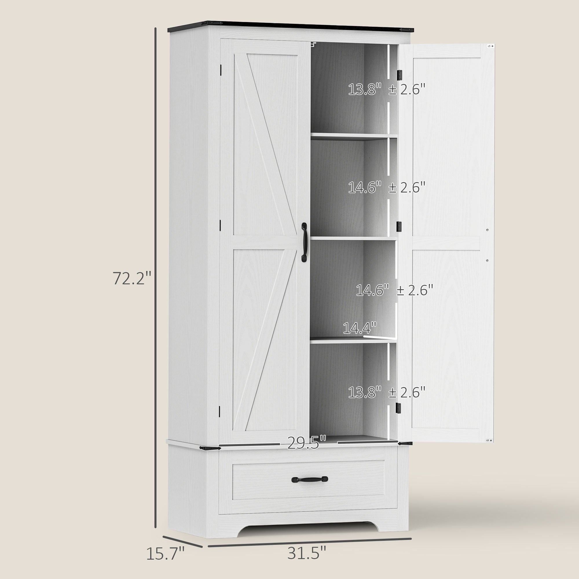 HOMCOM 72" Tall Farmhouse Kitchen Pantry Cabinet - Kitchen Storage Cabinet with Adjustable Shelves & 2 Barn Doors & Drawer, Versatile Storage Unit for Dining Room, Distressed White