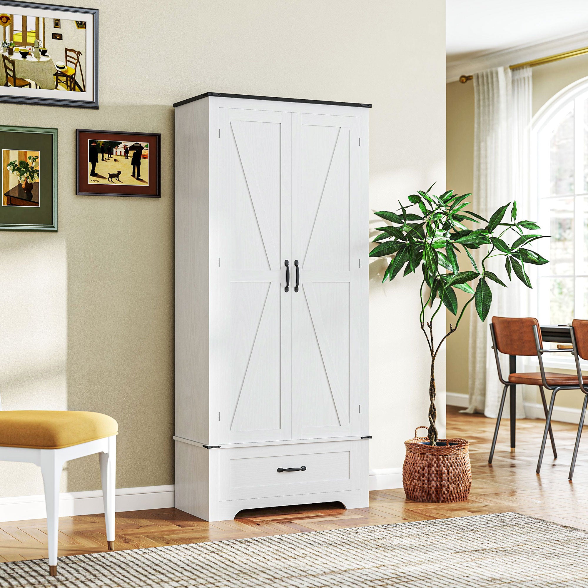 HOMCOM 72" Tall Farmhouse Kitchen Pantry Cabinet - Kitchen Storage Cabinet with Adjustable Shelves & 2 Barn Doors & Drawer, Versatile Storage Unit for Dining Room, Distressed White