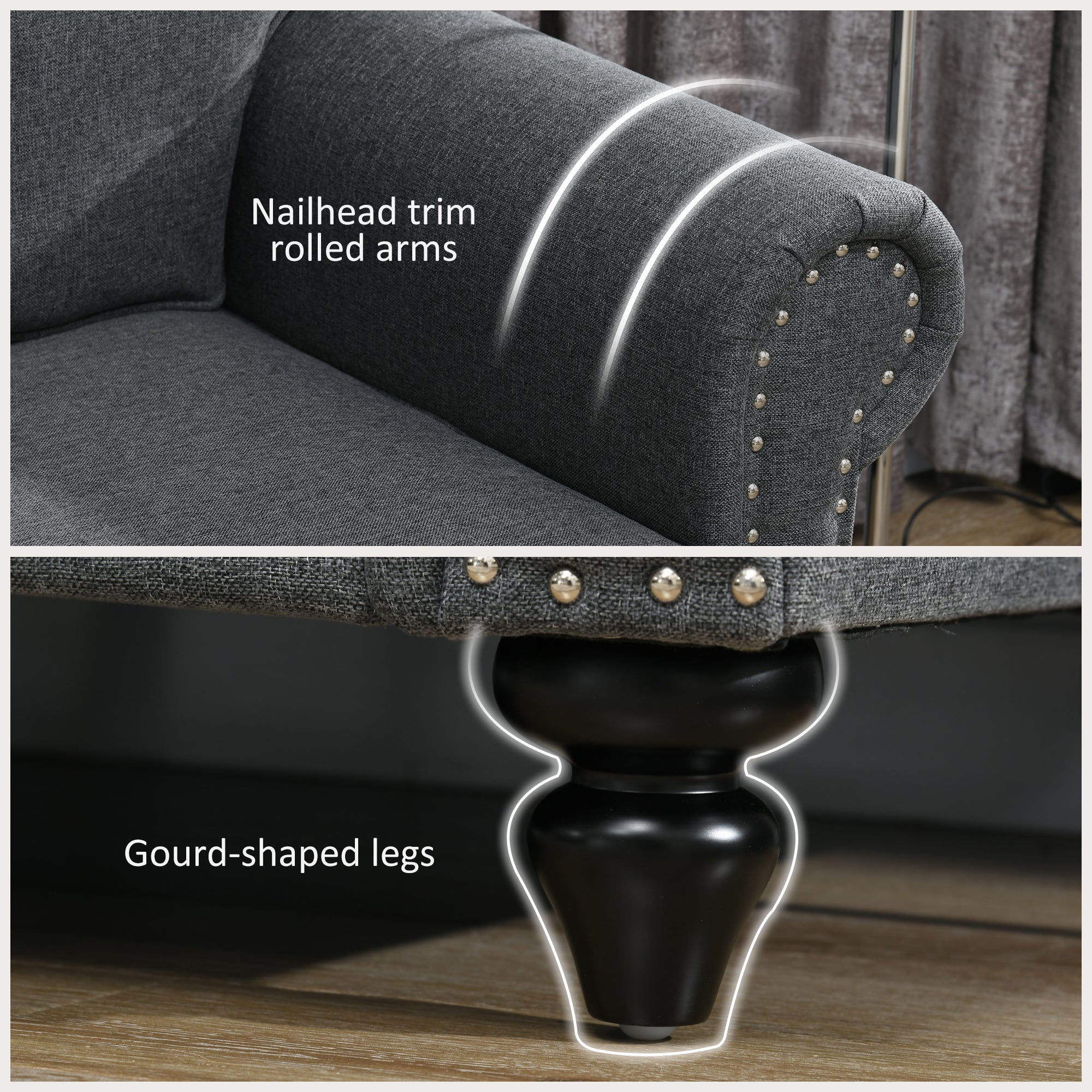 Mid Century Modern Loveseat Sofa, 2 Seater Small Couch with Nailhead Trim, Charcoal Gray