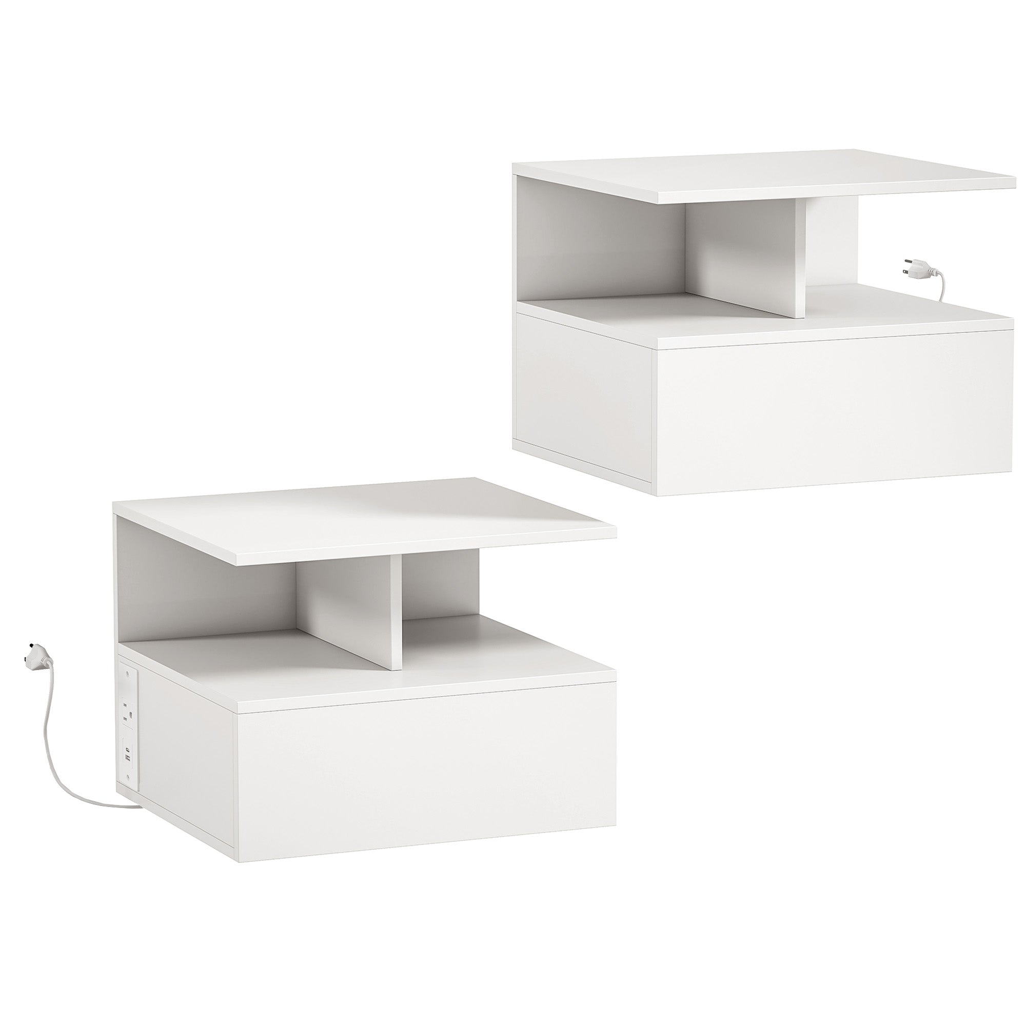 Floating Nightstand Set of 2, Wall Mounted Bedside Table with Power Outlets, Drawer and Open Shelf, Small Night Stand for Bedroom, White