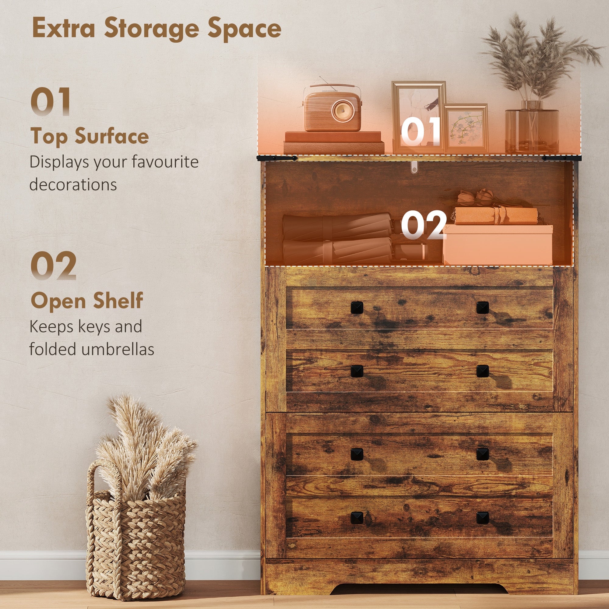 Shoe Cabinet with 2 Flip Drawers, Narrow Shoe Storage Cabinet with Adjustable Shelves and Open Shelf, Farmhouse Storage Organizer for Entryway, Hallway, Holds 12-16 Pairs, Rustic Brown