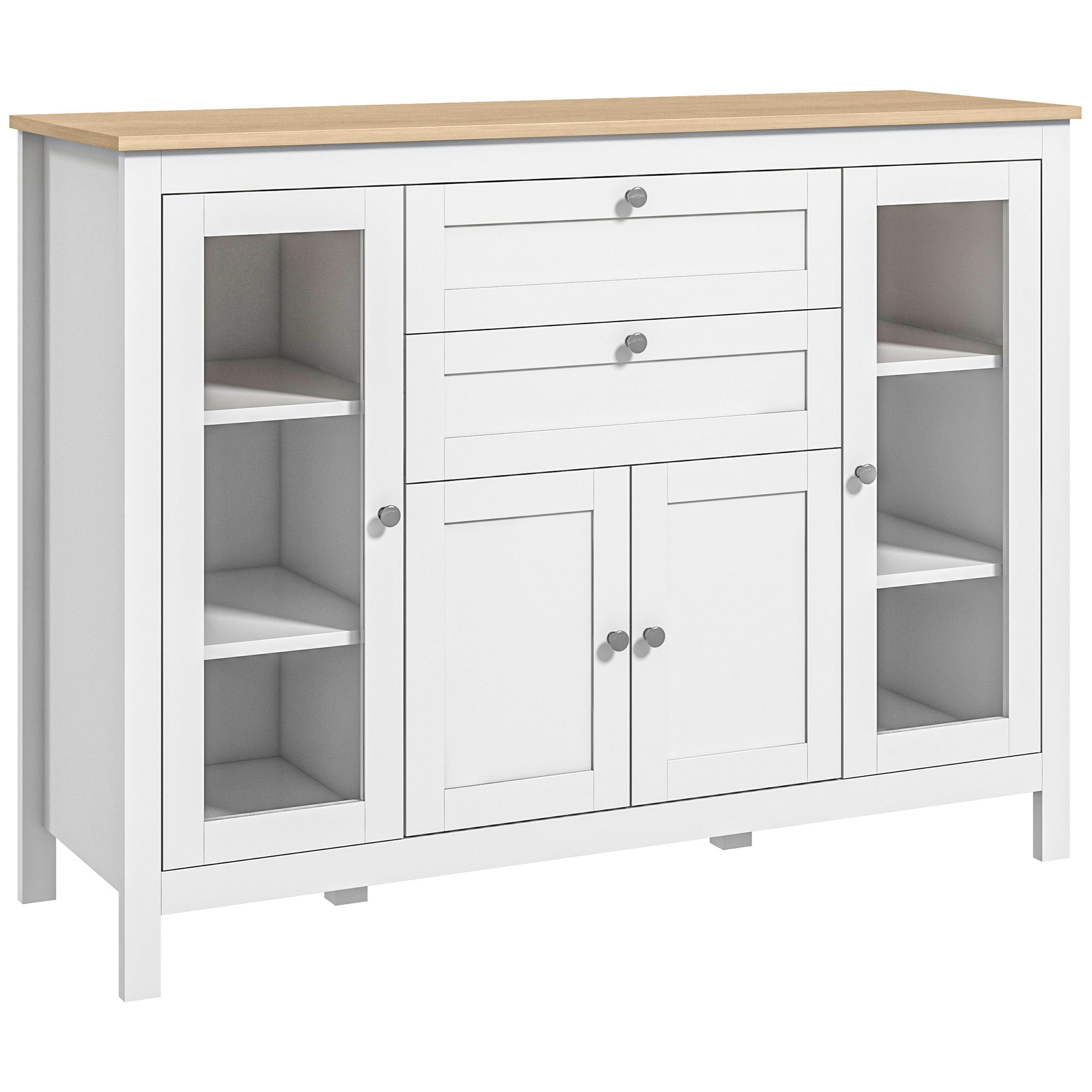47" Sideboard Buffet Cabinet with Rubber Wood Top Glass Door Coffee Bar Cabinet, White
