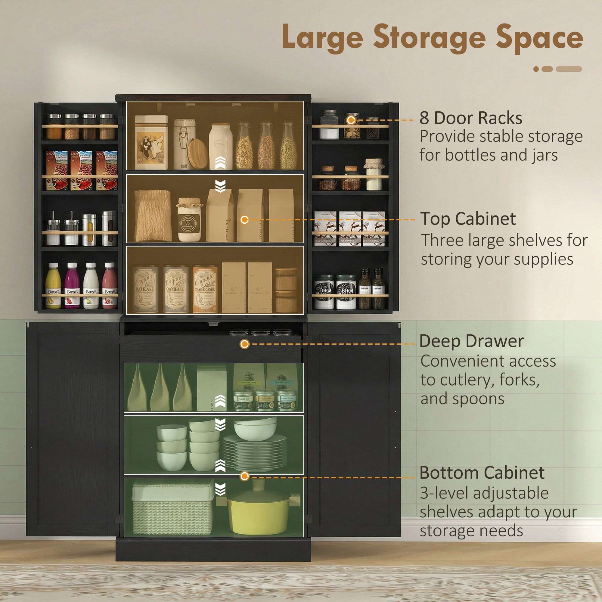 72" Tall Kitchen Pantry Cabinet, Farmhouse Storage Cabinet with 8 Door Racks and Drawer, Freestanding Food Pantry with Adjustable Shelves and Barn Doors, Black