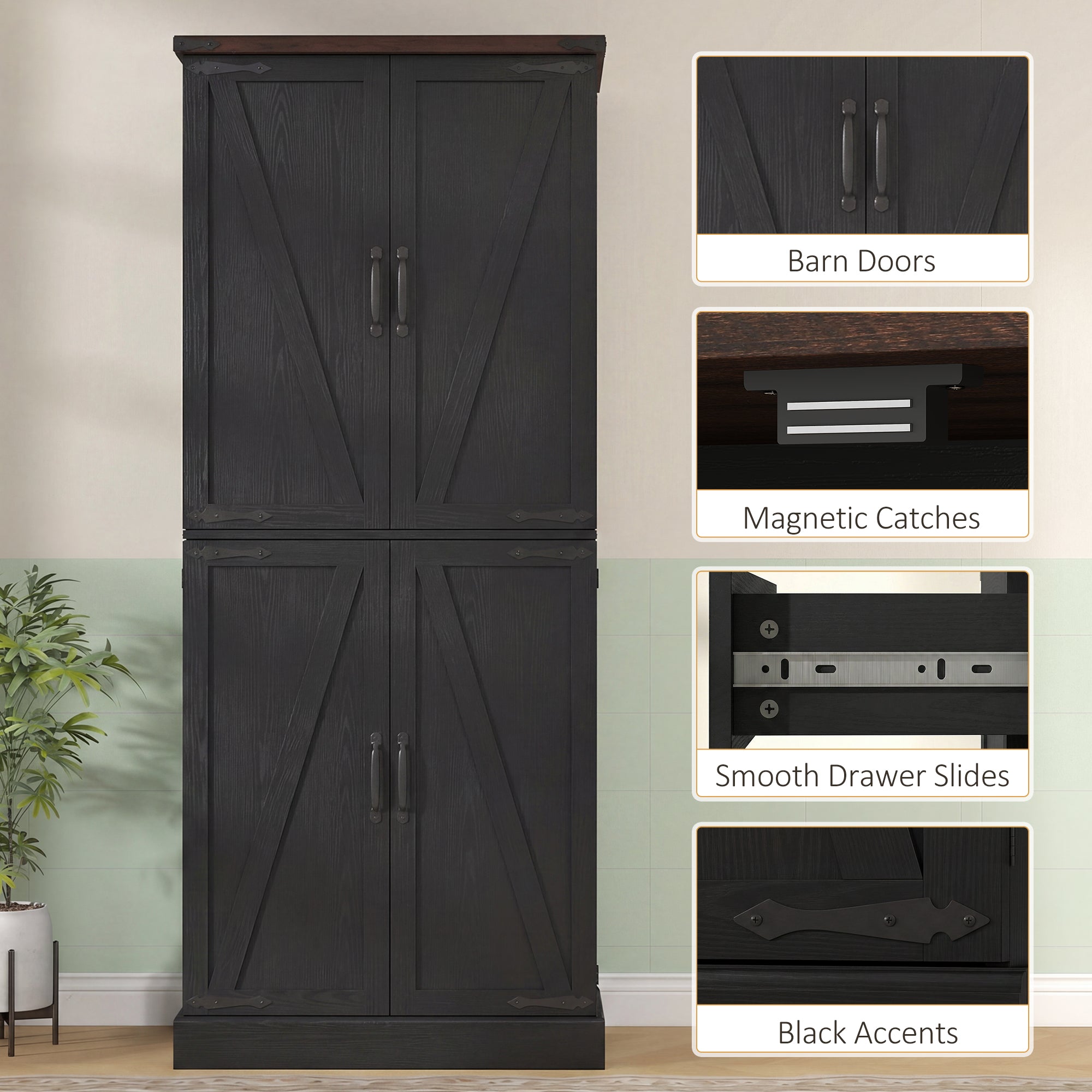 72" Tall Kitchen Pantry Cabinet, Farmhouse Storage Cabinet with 8 Door Racks and Drawer, Freestanding Food Pantry with Adjustable Shelves and Barn Doors, Black