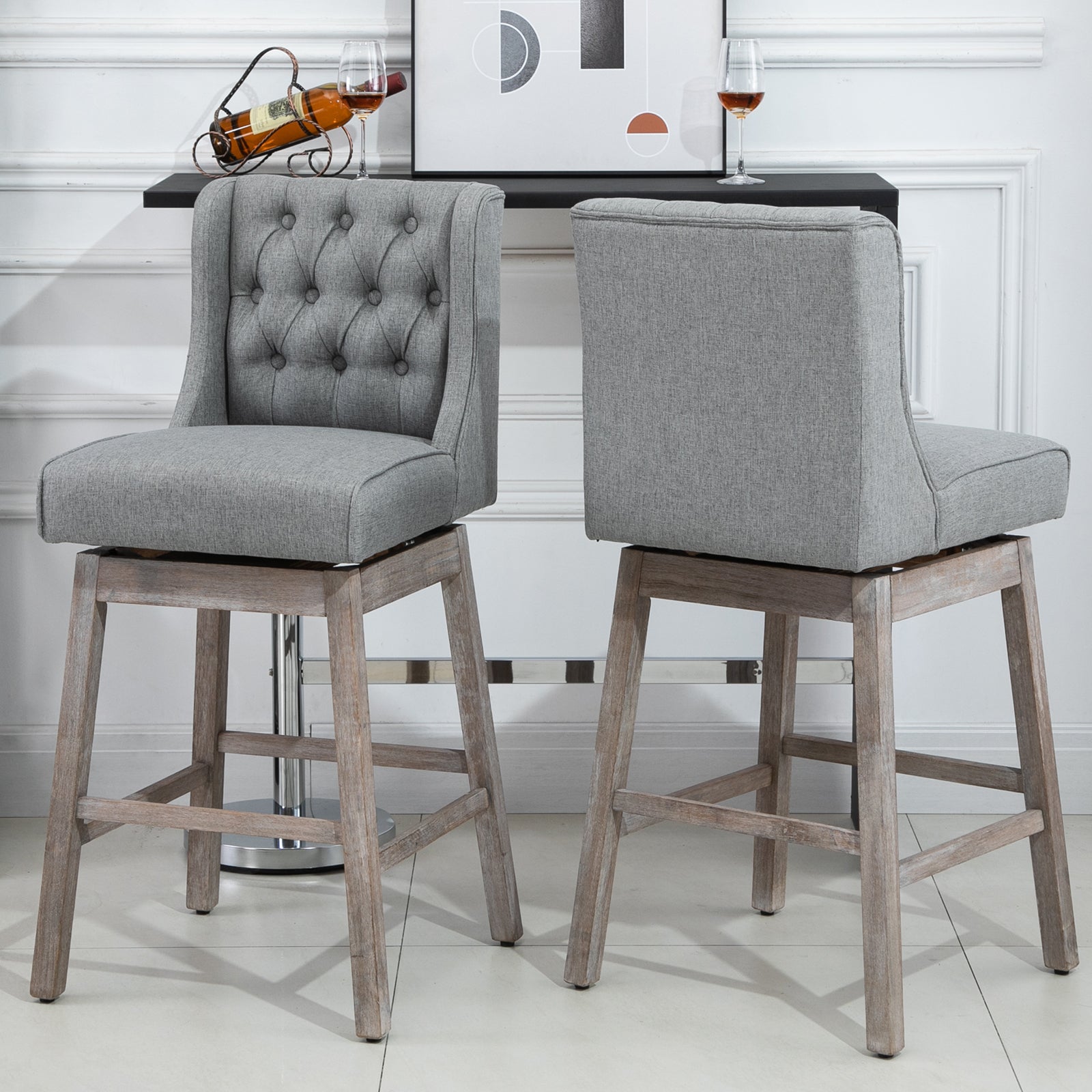 30" Bar Height Bar Stools Set of 2, 180° Swivel Barstools with Solid Wood Footrests, Gray - HOMCOM