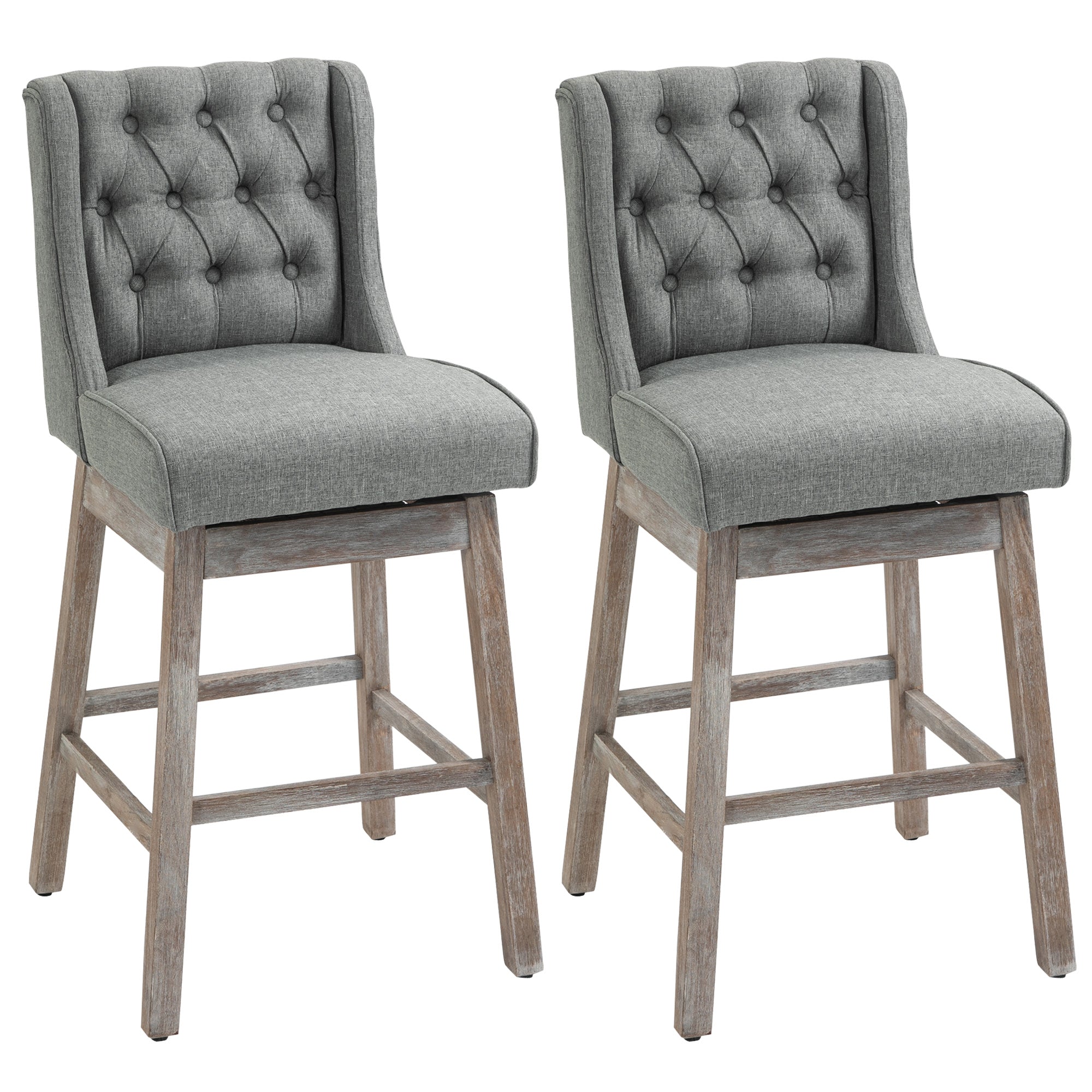 30" Bar Height Bar Stools Set of 2, 180° Swivel Barstools with Solid Wood Footrests, Gray