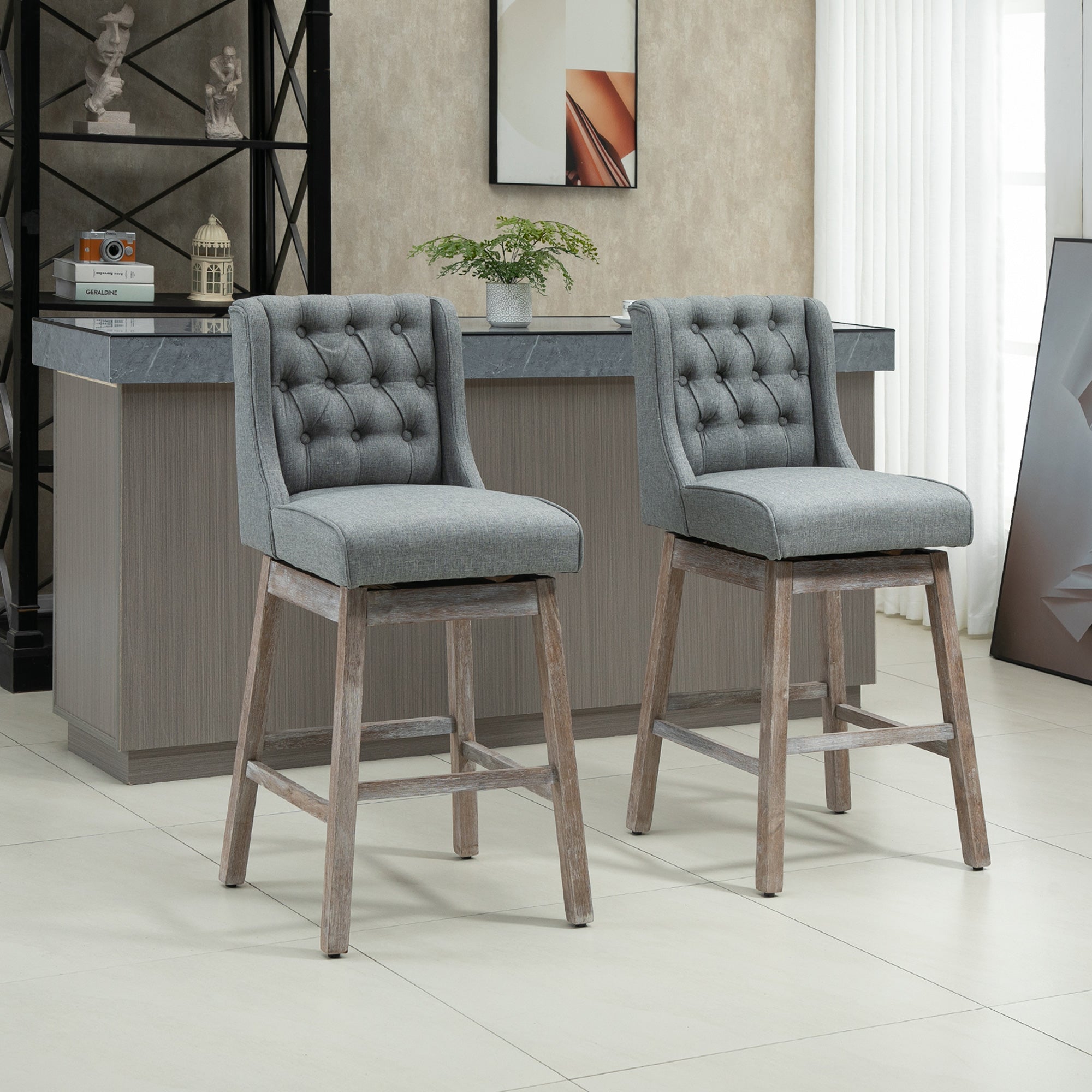 30" Bar Height Bar Stools Set of 2, 180° Swivel Barstools with Solid Wood Footrests, Gray - HOMCOM
