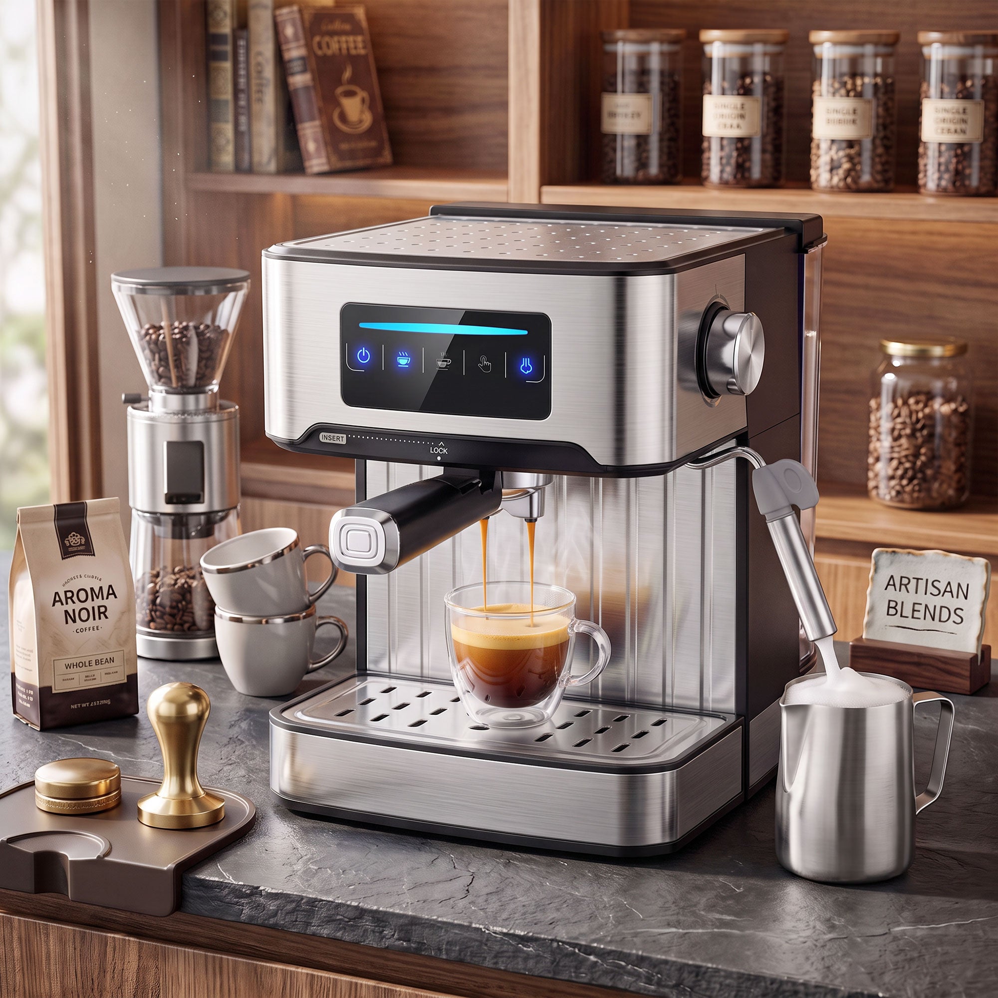 Espresso Machine with Milk Frother Wand, 1.6 L Water Tank, 850W Semi Automatic 20 Bar Coffee Machine, Latte Cappuccino Maker with Single/Double/Manual Shot, LED Touch, Hot Water, Cup Warming