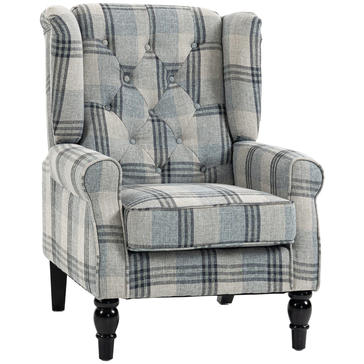 Wingback Accent Chair, Faux Linen Armchair with Thick Spring Cushion, High Back, Solid Wood Legs, Retro Button Tufted Reading Chair for Living Room, Bedroom, Mixed Plaid