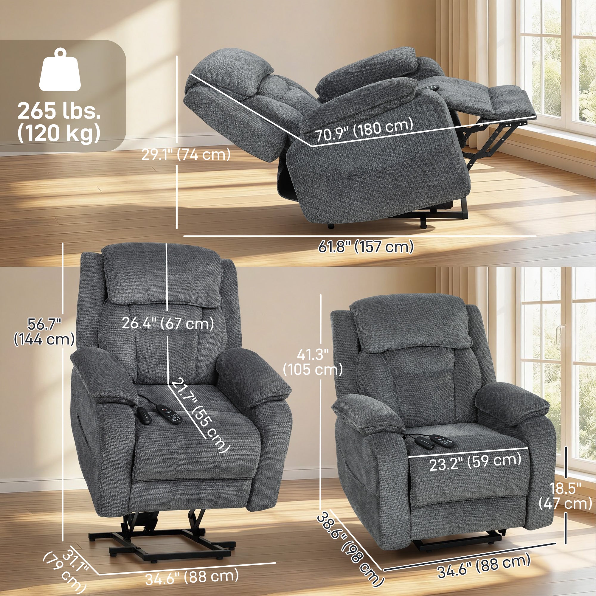 Power Lift Recliner Chair for Elderly with Massage, Electric Recliner with Side Pockets, Remote, 2 Memory Buttons, Footrest, Quiet Reclining Chair for Living Room, Dark Grey