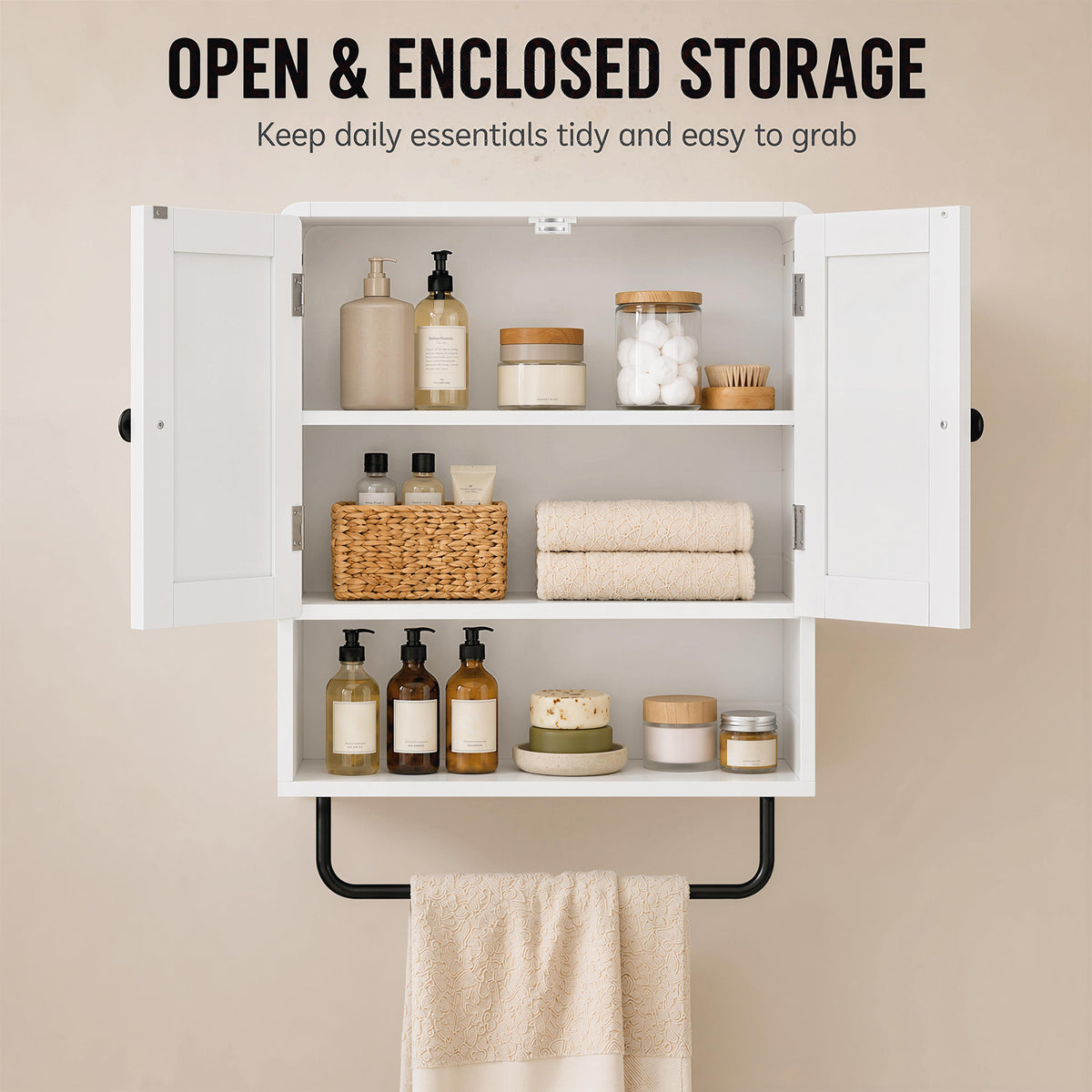 Bathroom Wall Cabinet, Wall Mounted Bathroom Cabinet with 2 Doors, Open Shelf, Towel Bar and Adjustable Shelf Storage for Toilet, Laundry, White