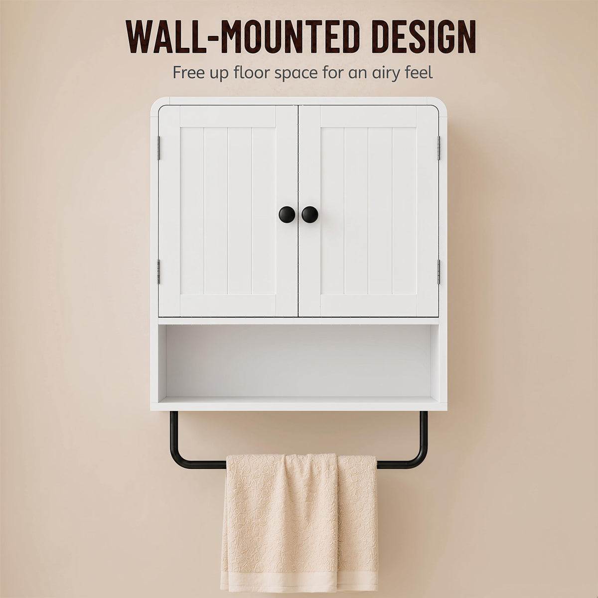 Bathroom Wall Cabinet, Wall Mounted Bathroom Cabinet with 2 Doors, Open Shelf, Towel Bar and Adjustable Shelf Storage for Toilet, Laundry, White