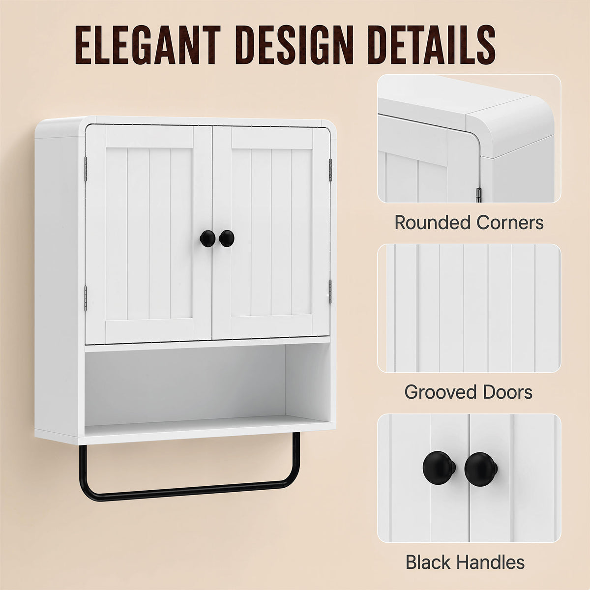 Bathroom Wall Cabinet, Wall Mounted Bathroom Cabinet with 2 Doors, Open Shelf, Towel Bar and Adjustable Shelf Storage for Toilet, Laundry, White