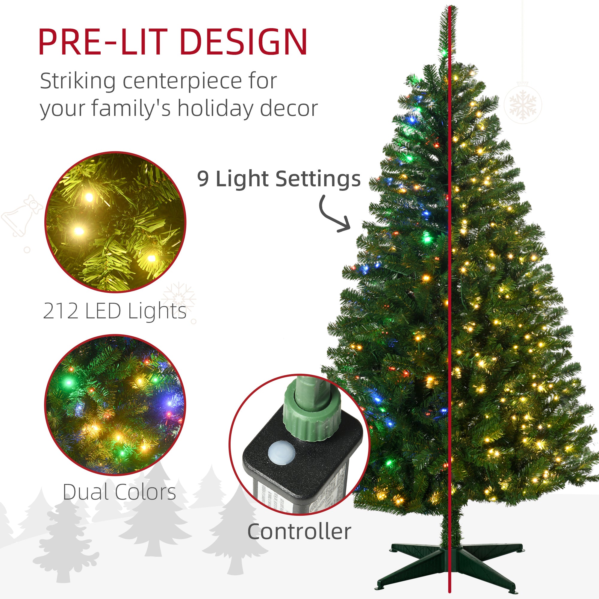 6ft Tall Prelit Artificial Christmas Tree Holiday Décor with 584 Branches, 212 Warm White or Colorful LED Lights, Auto Open