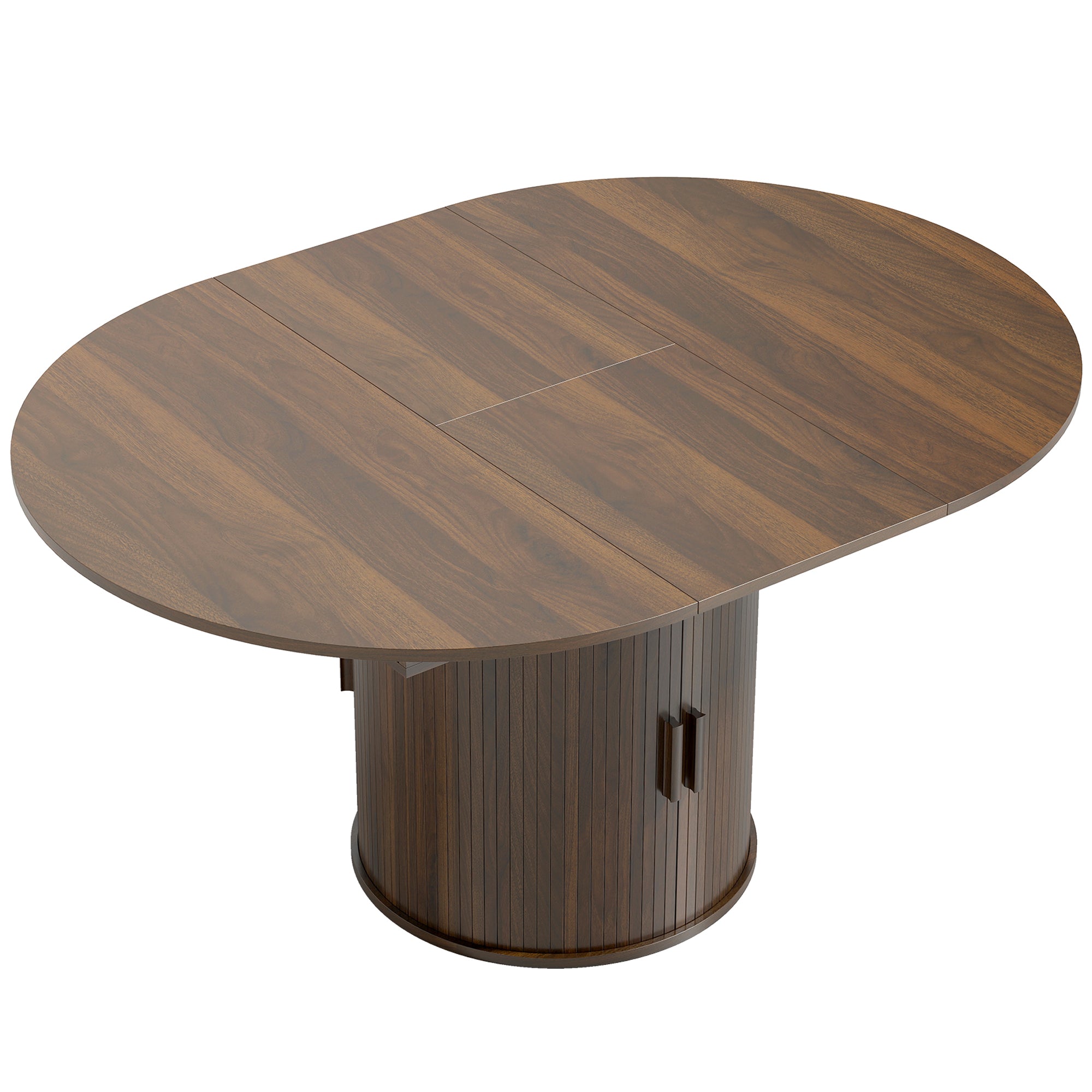 Extendable Dining Table for 6, 60 Inch Farmhouse Oval Kitchen Table with 2-Tier Storage Shelf and Fluted Sliding Doors for Dining Room Living Room, Walnut
