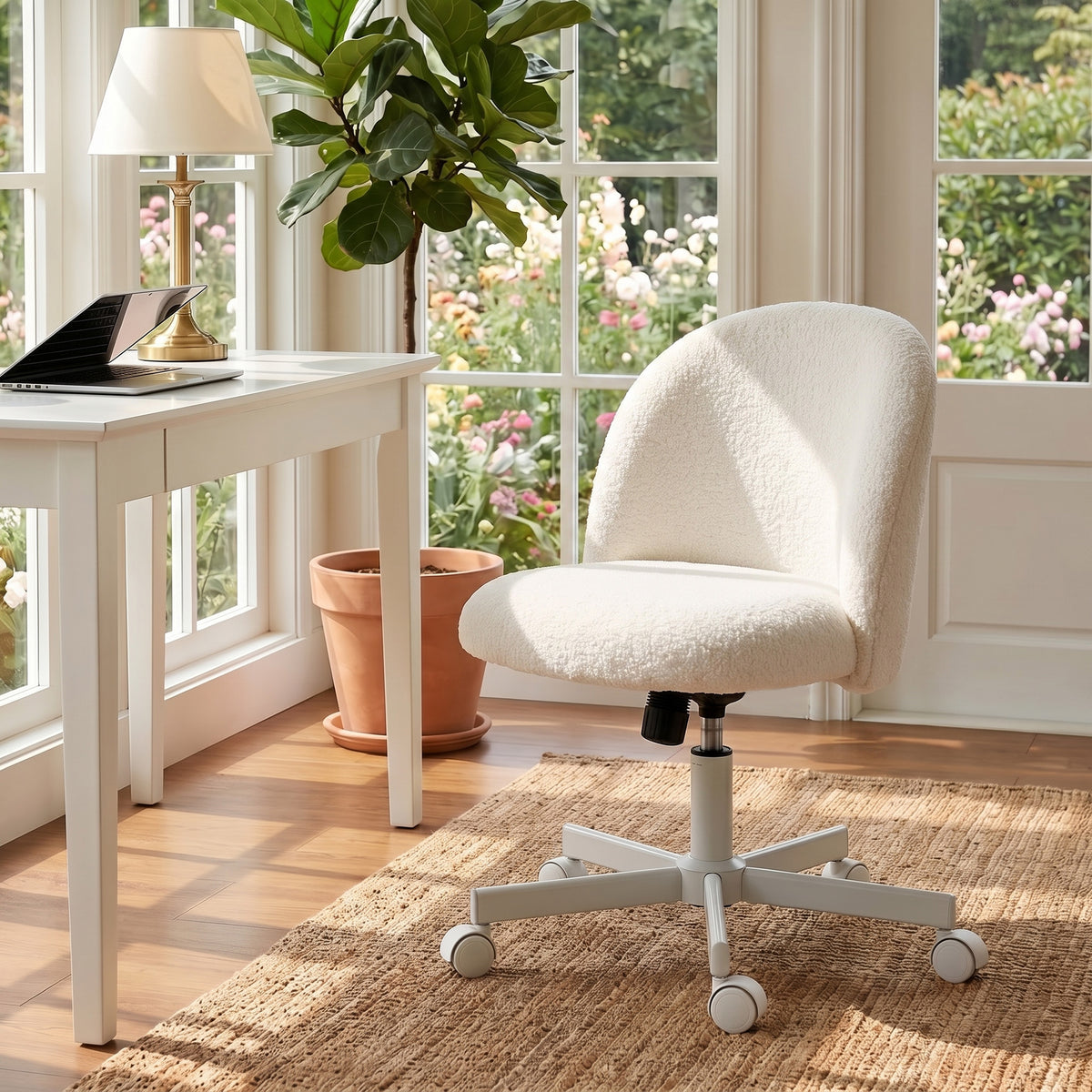 Office Chair, Sherpa Fleece Computer Task Desk Chair, Armless Makeup Vanity Seat with 360° Swivel, Tilt, Adjustable Height, Wheels for Home Office, Study, Cream White