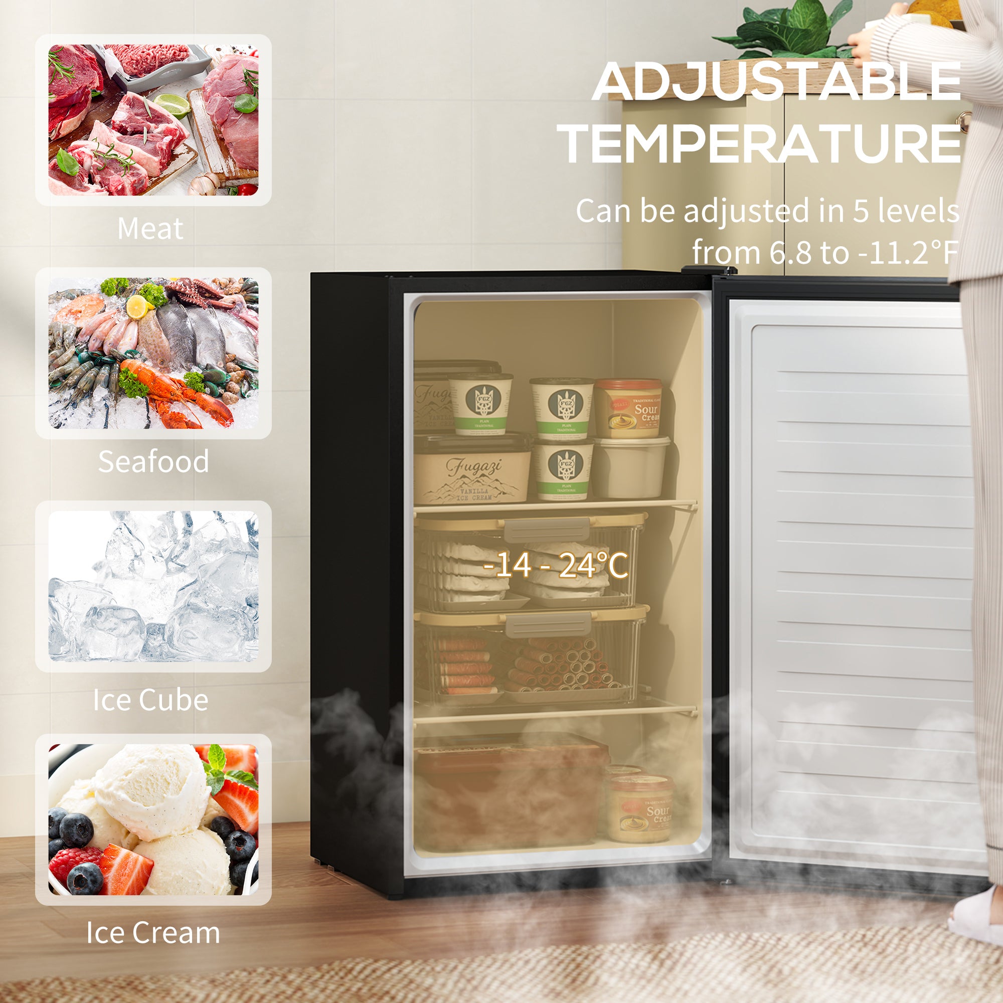 Compact Upright Freezer, 2.1 Cubic Feet Mini Freezer with Reversible Door, Removable Shelf, Adjustable Temperature for Home Office, Apartment, Dormitory, Black