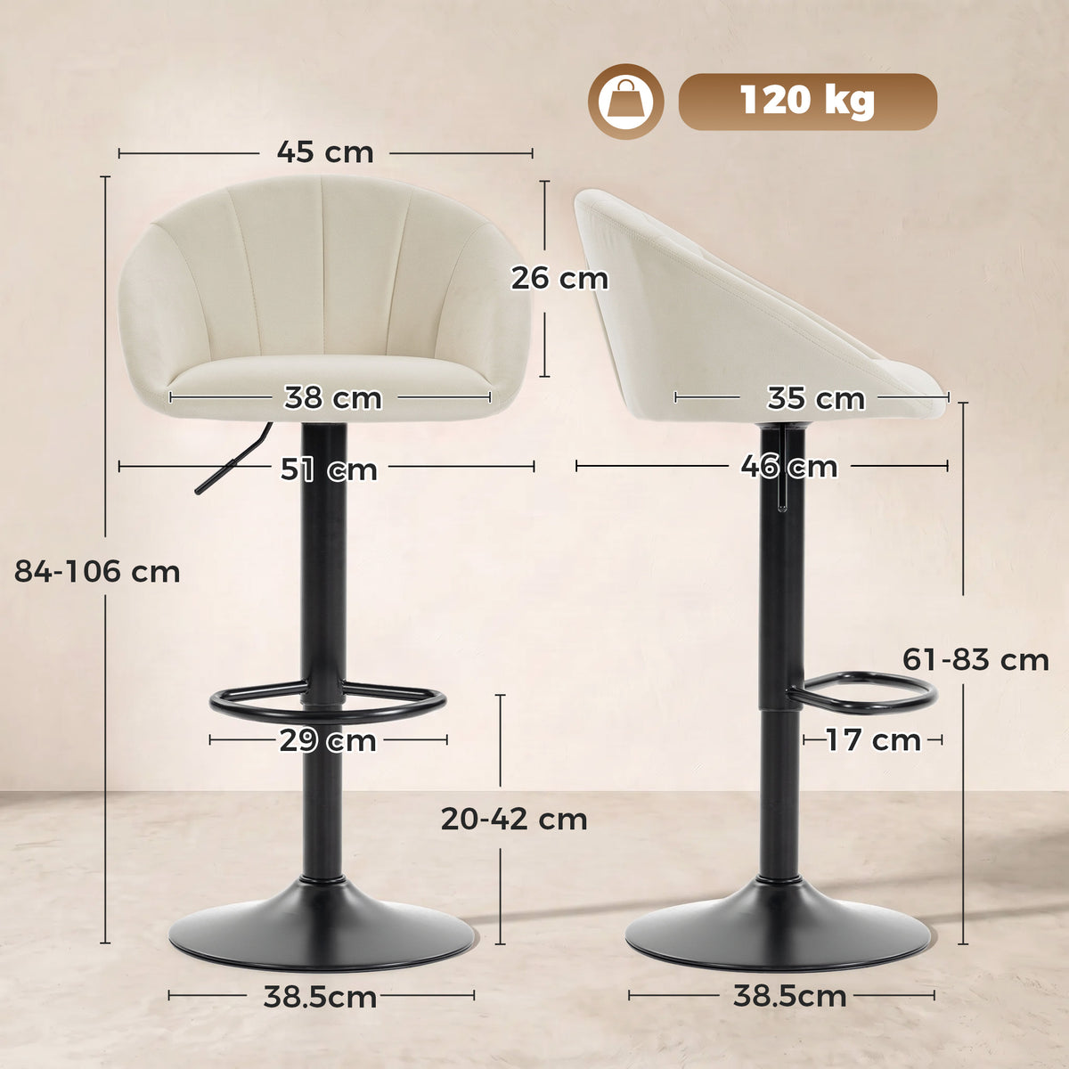 Breakfast Bar Stools Set of 2, Modern Velvet-Feel Swivel BarStools, Adjustable Counter Height Bar Chairs with Backrest and Footrest for Kitchen Island, Dining Room, Bar, Cream White