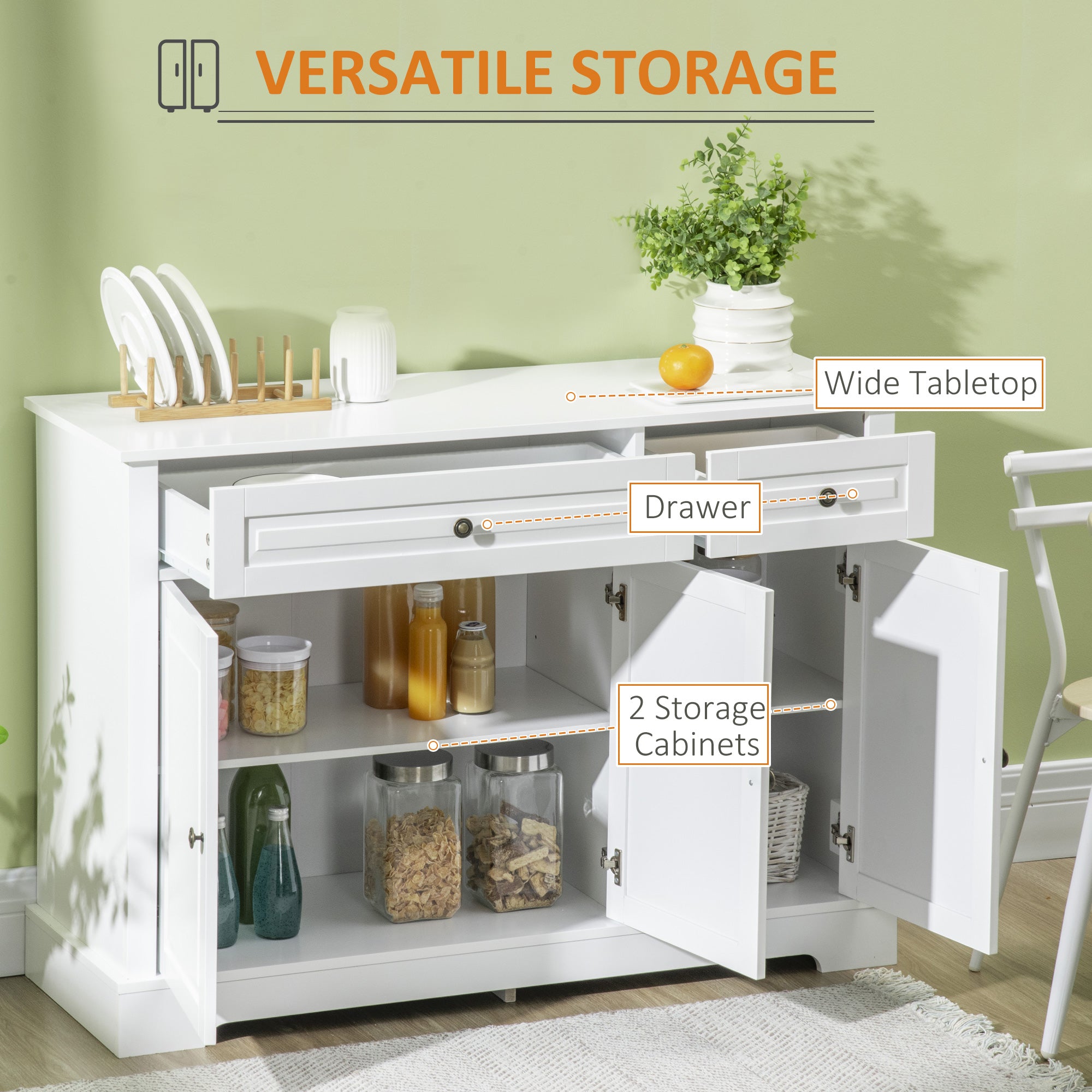 Kitchen Sideboard Buffet Cabinet with 2 Drawers and Adjustable Shelves, White