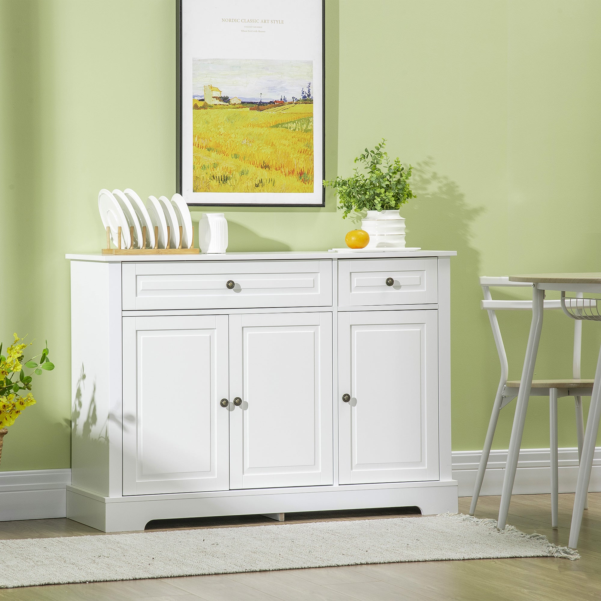 Kitchen Sideboard Buffet Cabinet with 2 Drawers and Adjustable Shelves, White