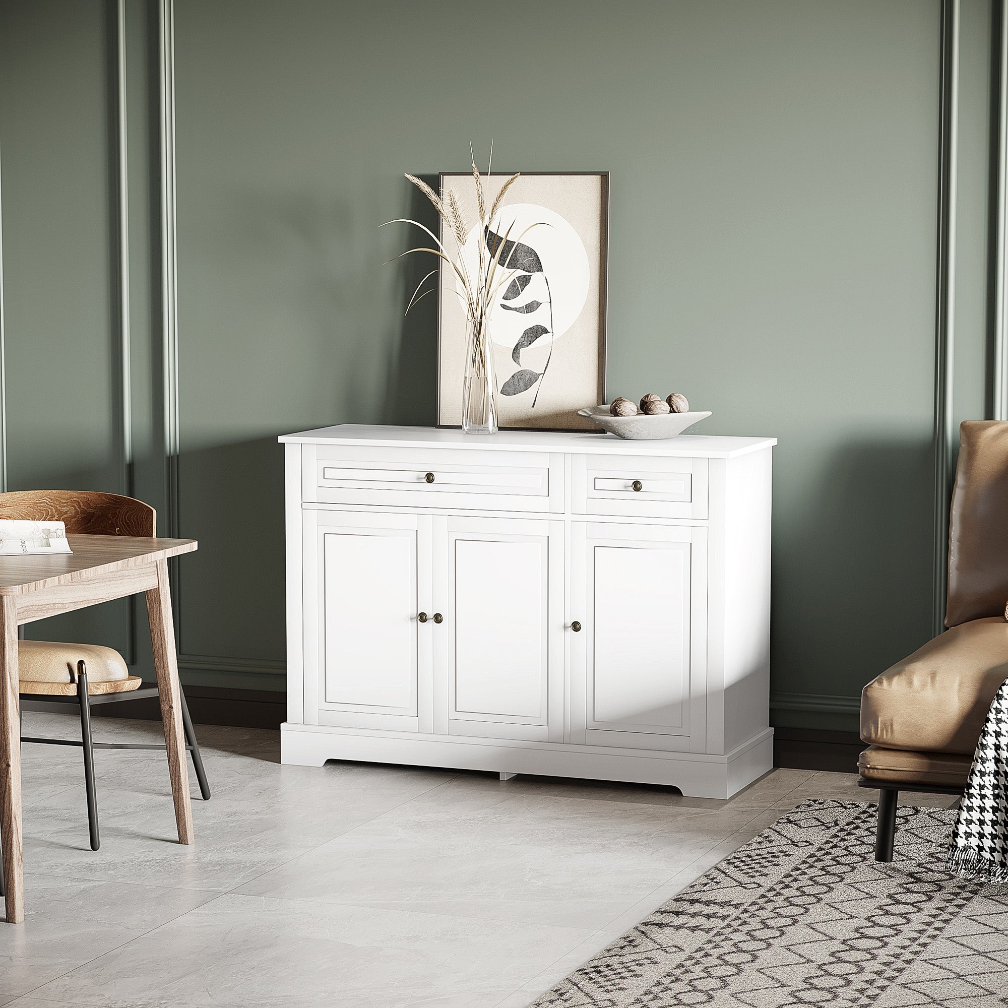 Kitchen Sideboard Buffet Cabinet with 2 Drawers and Adjustable Shelves, White