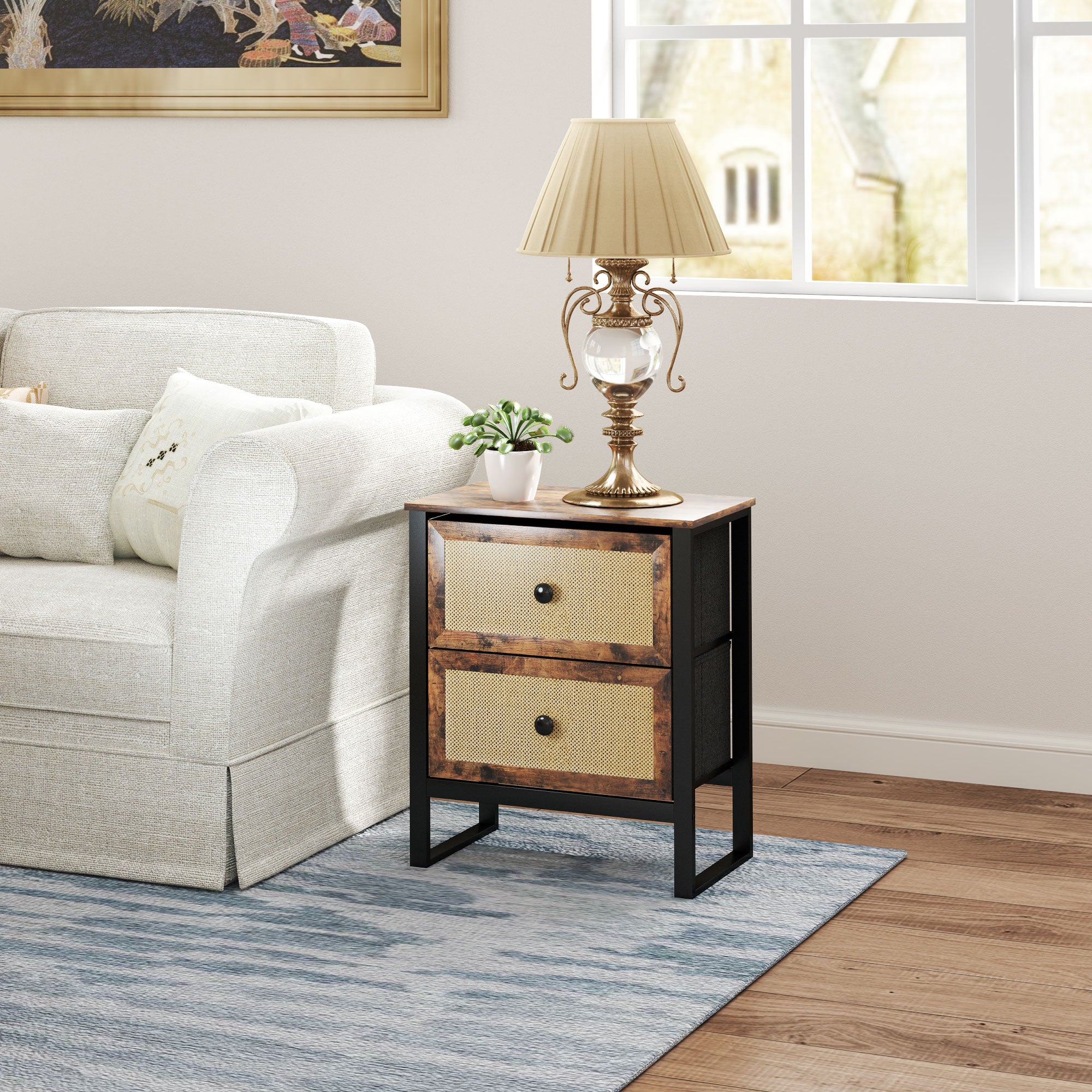 HOMCOM Bedside Table, Side Table with 2 Rattan Drawers, Bedside Cabinet with Storage and Steel Legs for Bedroom, Living Room, Rustic Brown