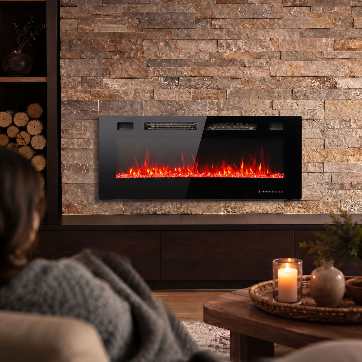 50\" Electric Fireplace Insert, Ultra-Thin Recessed, Wall Mounted and Freestanding Fireplace w/ Flame Effect, Adjustable Brightness, Crystal Stone, Remote, 750W/1500W, Black