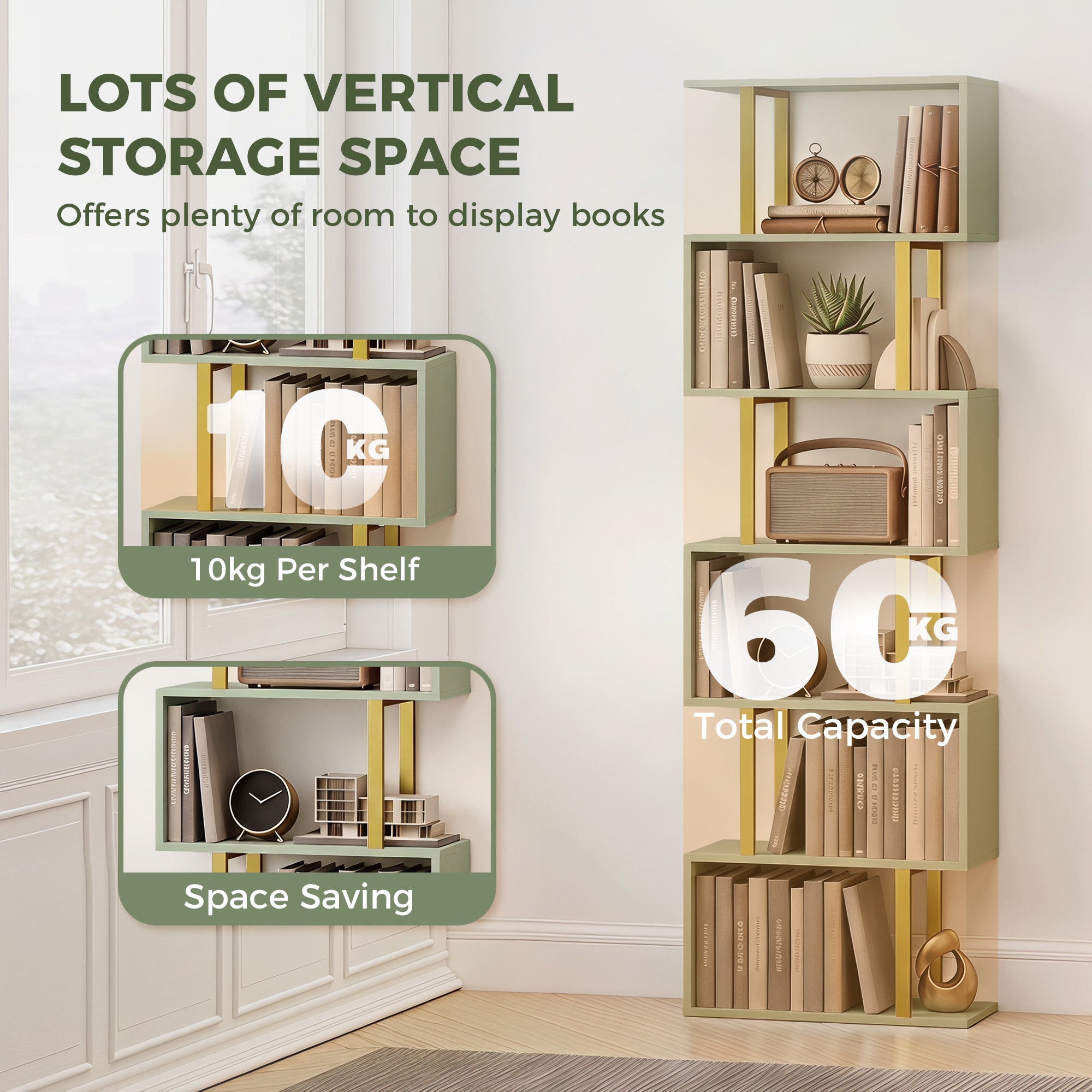 S-Shaped Bookshelf, 5-Tier Bookcase, Freestanding Storage Shelves with Anti-Tip Strap for Study, Living Room, Light Green