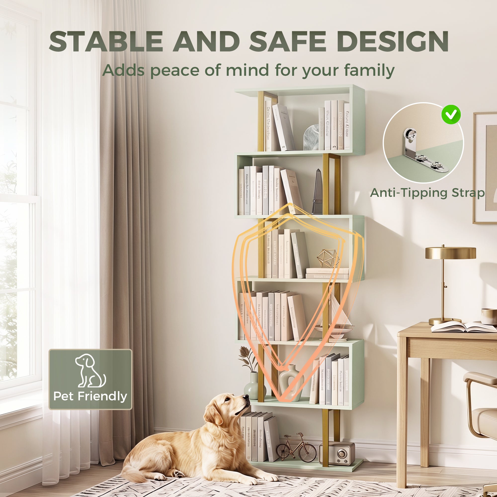 S-Shaped Bookshelf, 5-Tier Bookcase, Freestanding Storage Shelves with Anti-Tip Strap for Study, Living Room, Light Green