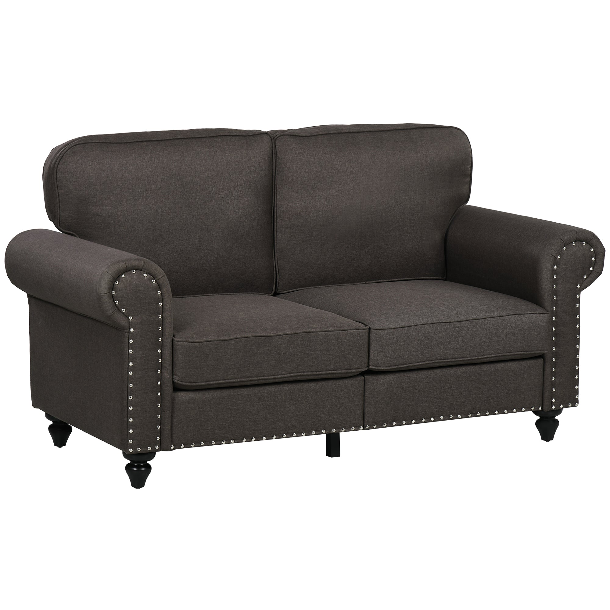 HOMCOM 2 Seater Sofa, Fabric Sofa Couch with Nailhead Trim Rolled Arm and Slatted Wood Frame, Upholstered Loveseat Sofa Settee for Living Room, Bedroom, Home Office, Dark Brown