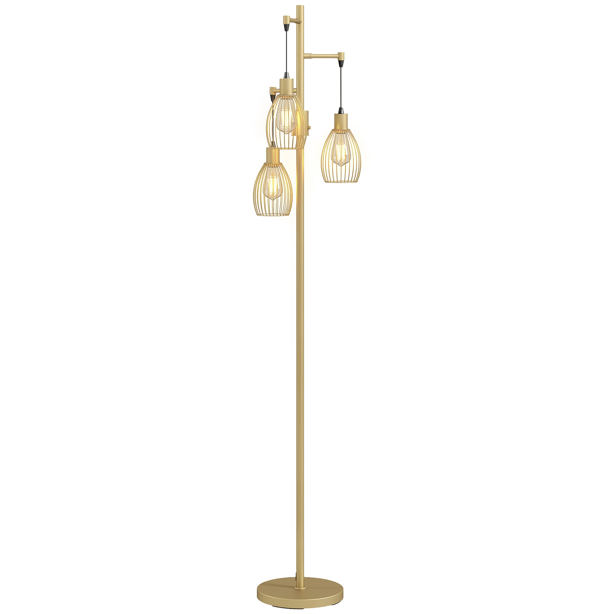 3-Light LED Floor Lamp, 170cm Industrial Dimmable Standing Lamp with Steel Wire Cage Lampshades, 2700K for Living Room, Bedroom, Dining Room, Study, Gold Tone