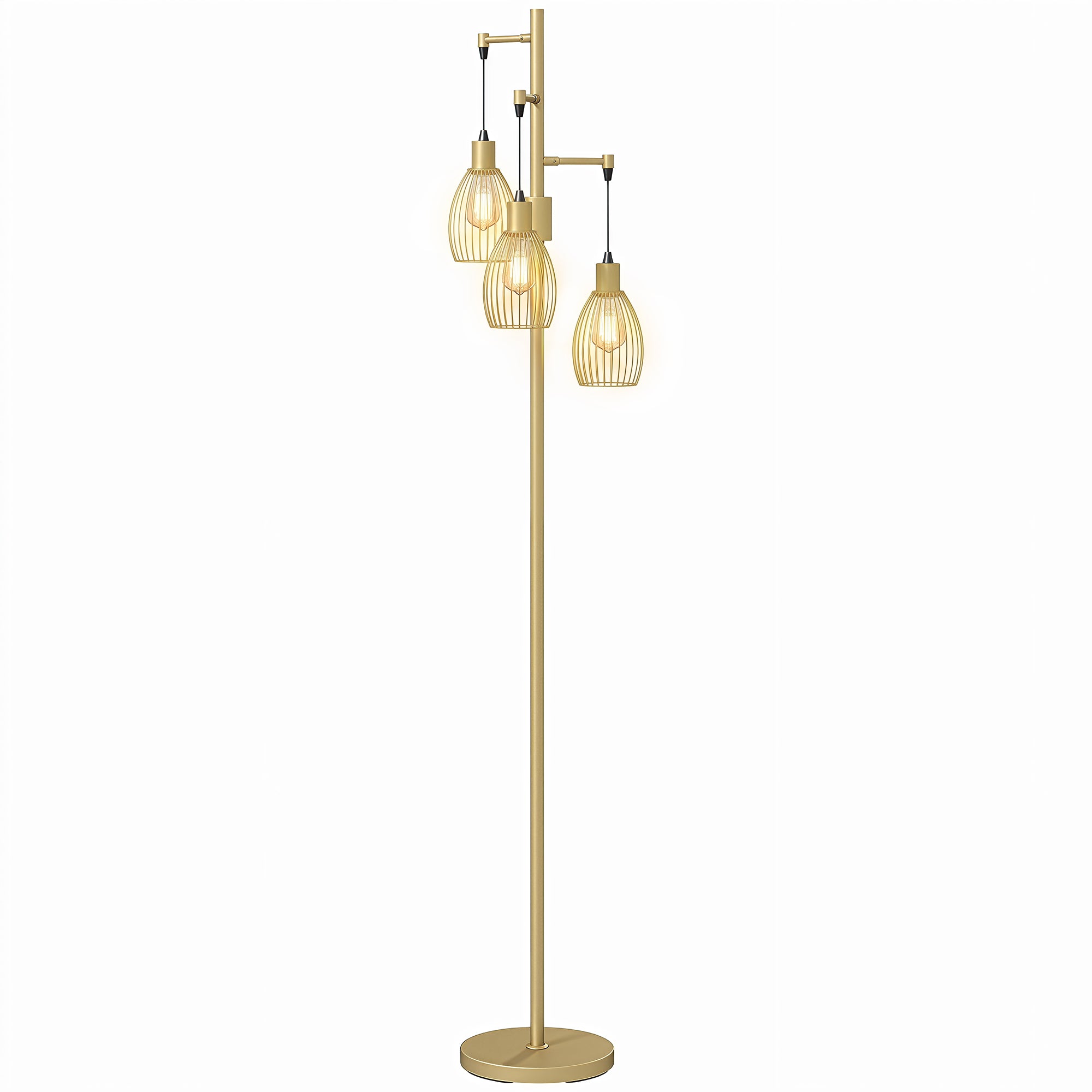 3-Light LED Floor Lamp, 170cm Industrial Dimmable Standing Lamp with Steel Wire Cage Lampshades, 2700K for Living Room, Bedroom, Dining Room, Study, Gold Tone