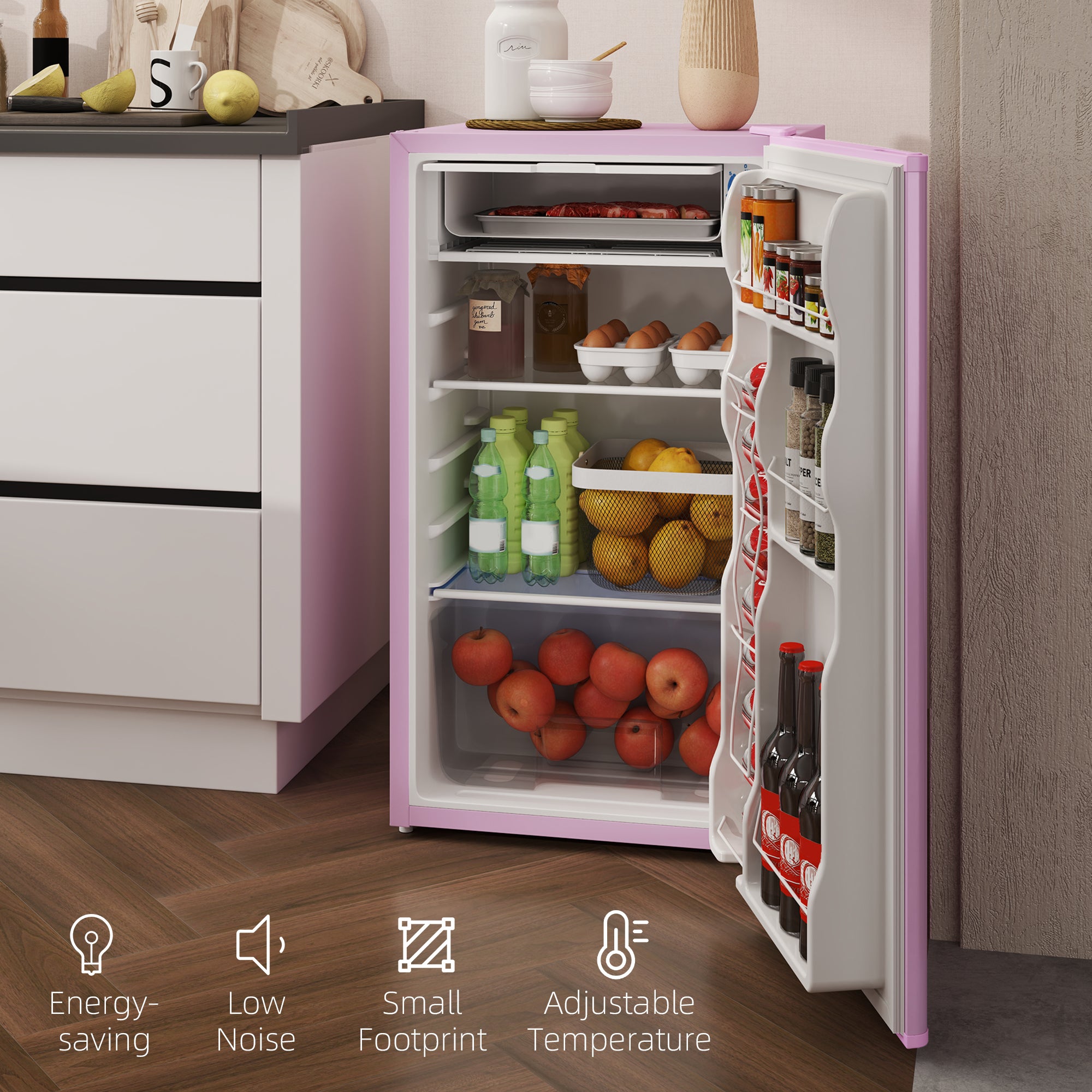 HOMCOM 3.2 Cu.Ft Mini Fridge with Freezer, Single Door Compact Refrigerator with Adjustable Thermostat, Shelf and Reversible Door for Bedroom, Dorm, Home Office, Energy Efficient, Red