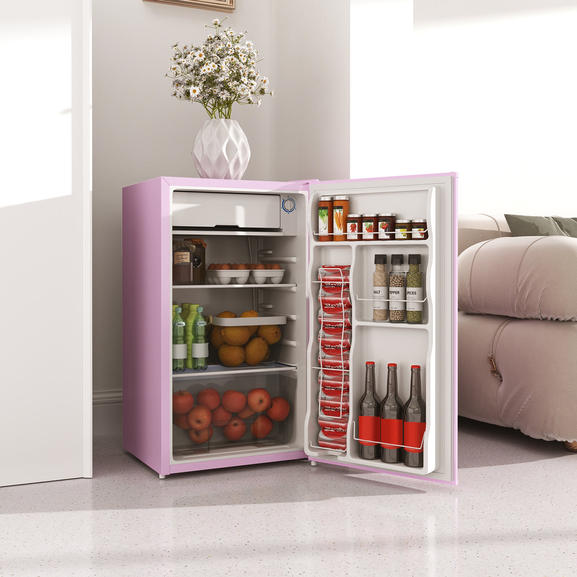 HOMCOM 3.2 Cu.Ft Mini Fridge with Freezer, Single Door Compact Refrigerator with Adjustable Thermostat, Shelf and Reversible Door for Bedroom, Dorm, Home Office, Energy Efficient, Red