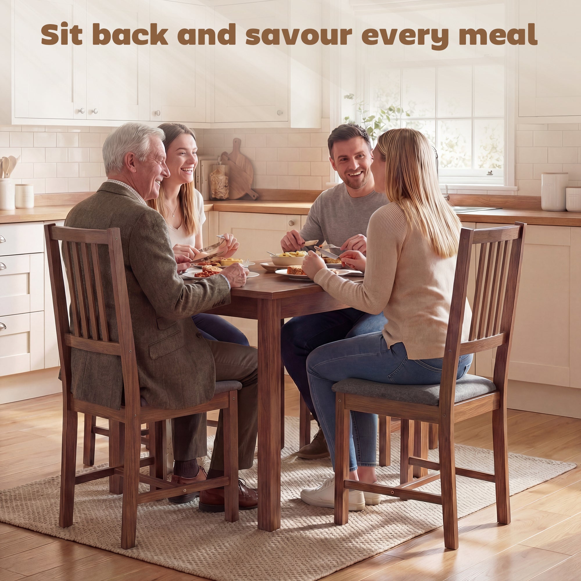 Wooden Dining Chairs Set of 4, Mid-Century Modern Upholstered Kitchen Chairs with Slat Backrest, Rubberwood Legs and Padded Seat for Dining Room, Living Room, Gray