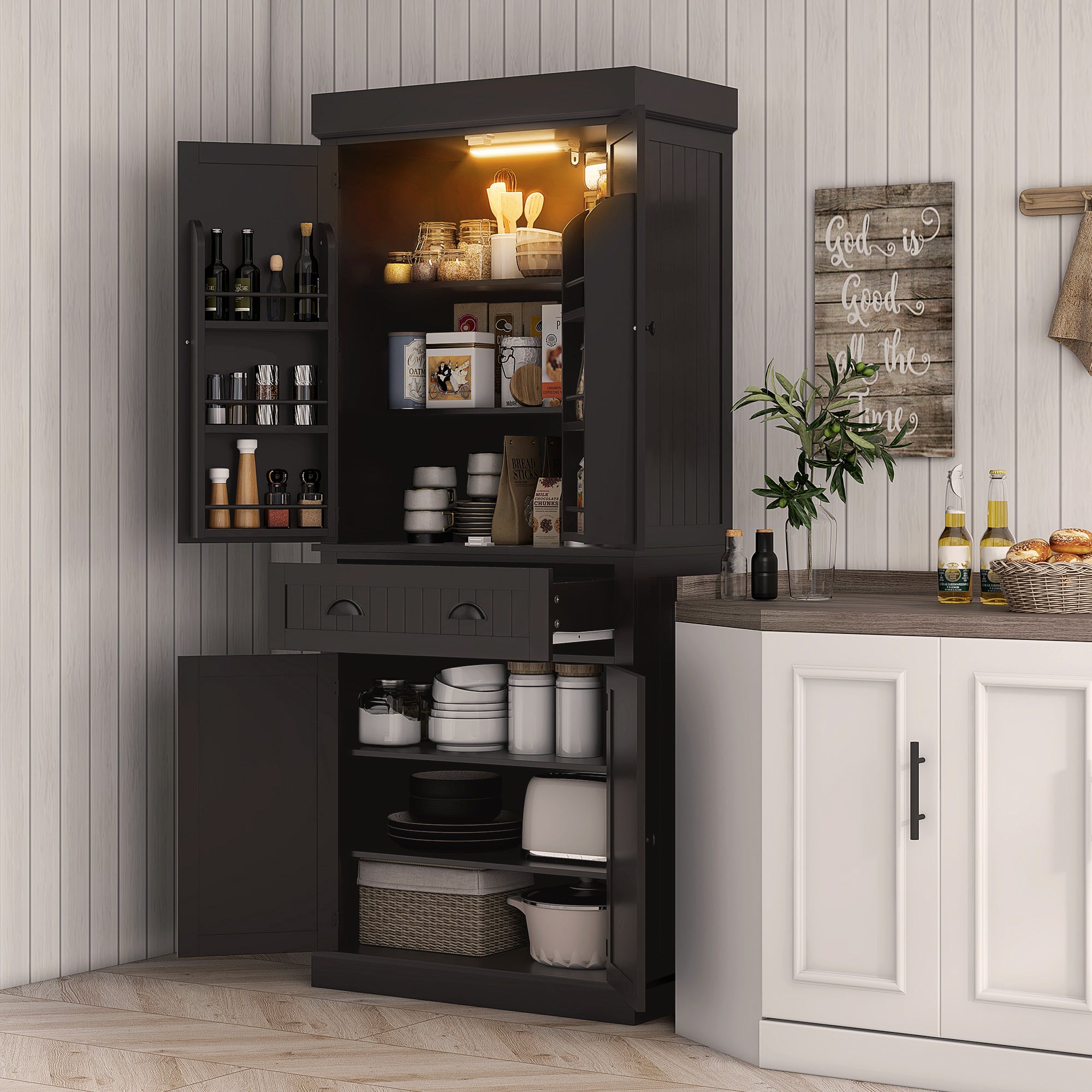 71" Pantry Cabinet with LED Motion Sensor Light, Freestanding Kitchen Pantry with 6 Spice Racks, Drawer and Adjustable Shelves, Tall Buffet Cabinet with Hutch, Black