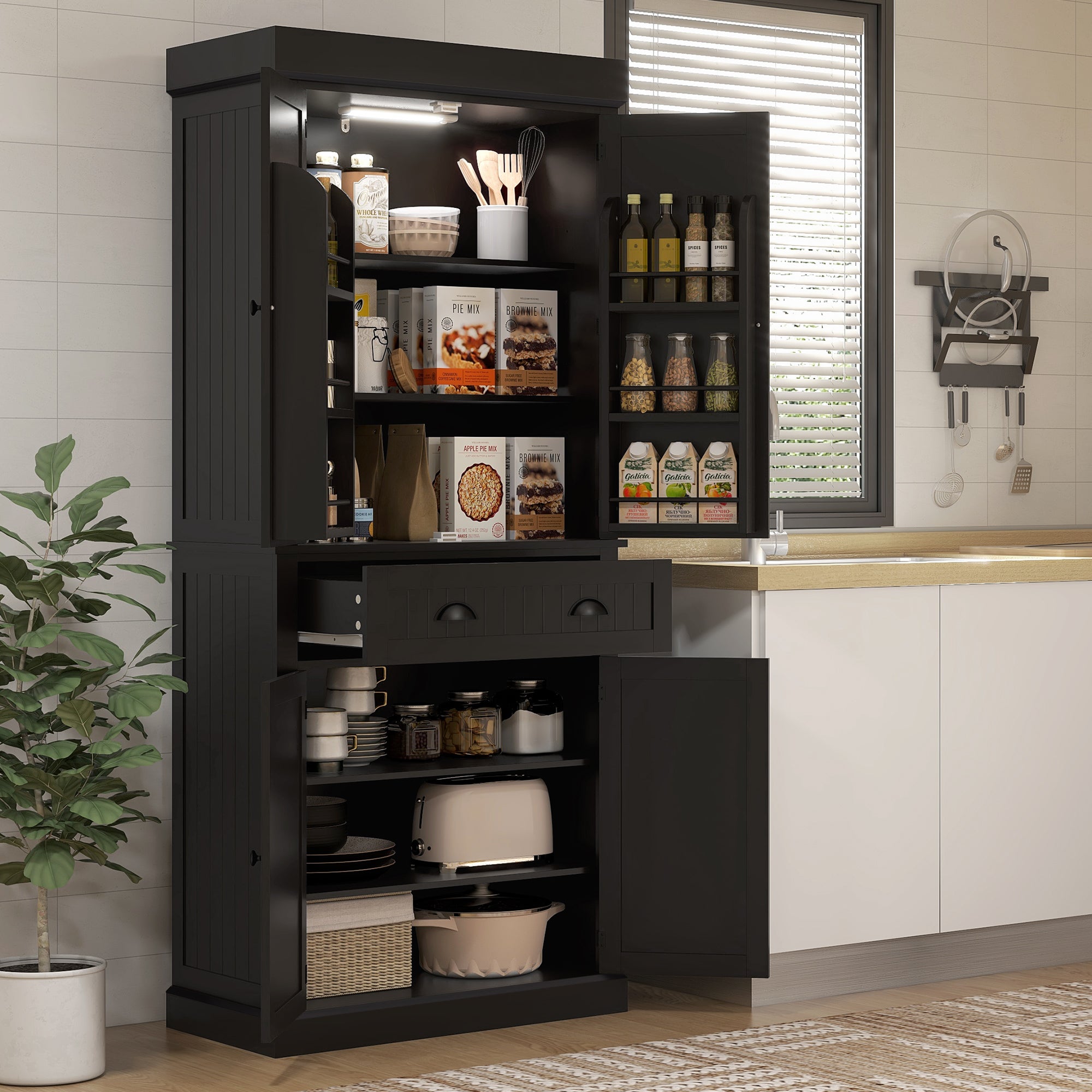71" Pantry Cabinet with LED Motion Sensor Light, Freestanding Kitchen Pantry with 6 Spice Racks, Drawer and Adjustable Shelves, Tall Buffet Cabinet with Hutch, Black