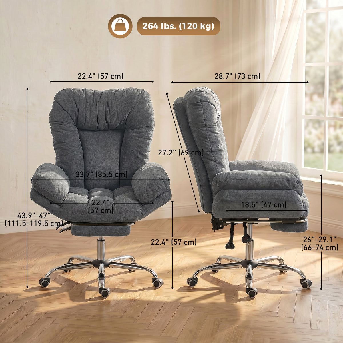 Criss Cross Office Chair with Footrest, Swivel Wheels, Wide Task Desk Chair with Overstuffed Reclining Backrest, Waterfall Arms, Adjustable Height, Cross Legged, Dark Grey
