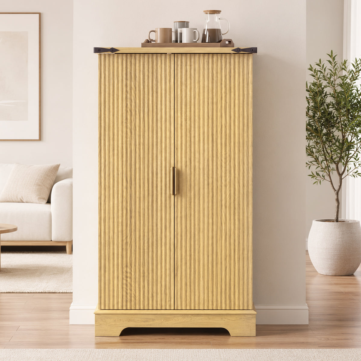 46" Kitchen Pantry Cabinet with Doors and Adjustable Shelves, Freestanding Fluted Pantry Storage Cabinet with Spice Racks, Farmhouse Buffet Sideboard for Kitchen, Dining Room