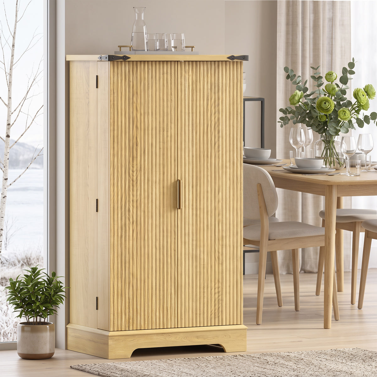 46" Kitchen Pantry Cabinet with Doors and Adjustable Shelves, Freestanding Fluted Pantry Storage Cabinet with Spice Racks, Farmhouse Buffet Sideboard for Kitchen, Dining Room