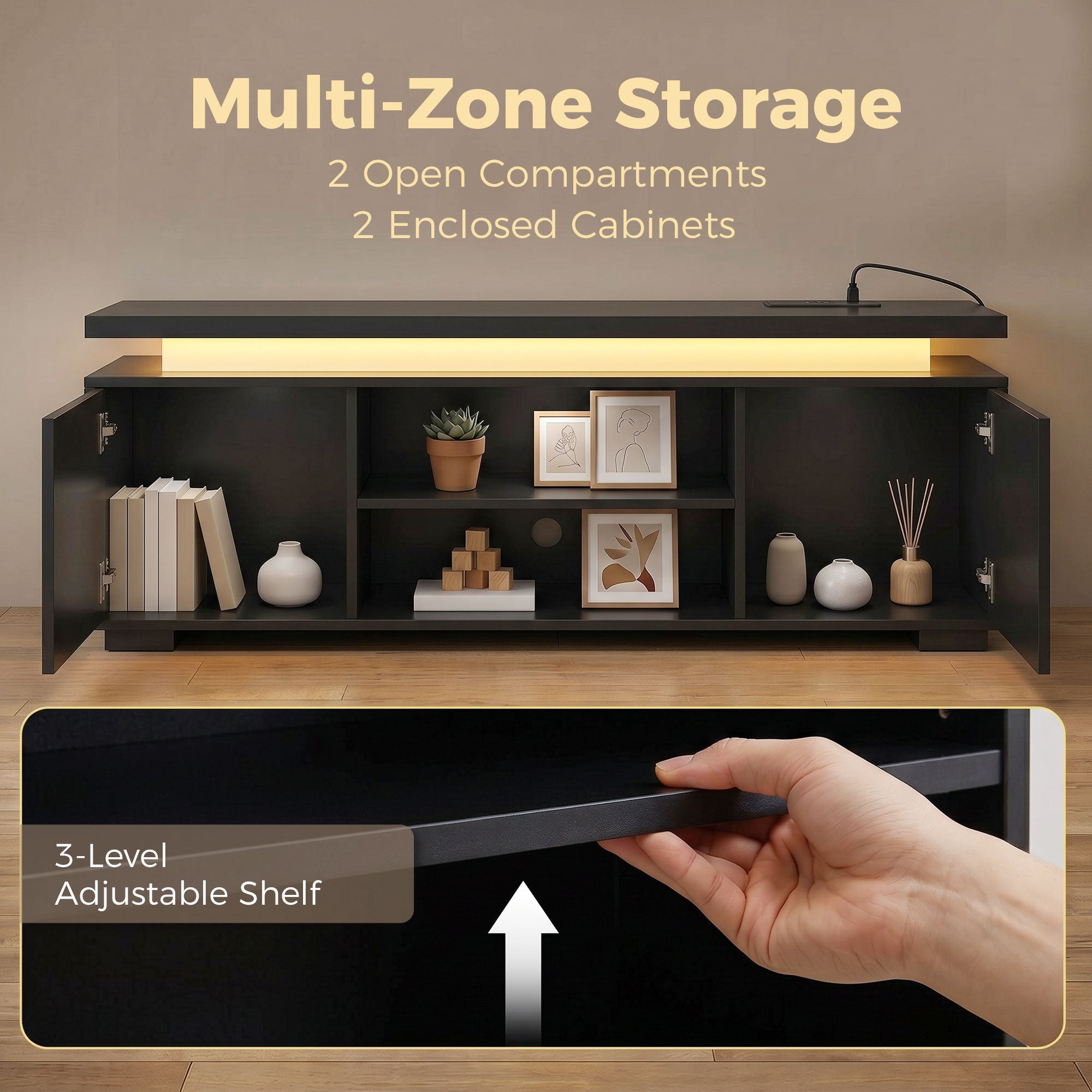TV Stand for TVs up to 60 Inch, Modern Entertainment Center with LED Lights and Power Outlets, Media Console Table with 2 Cabinets & Adjustable Open Shelf, High Gloss Black