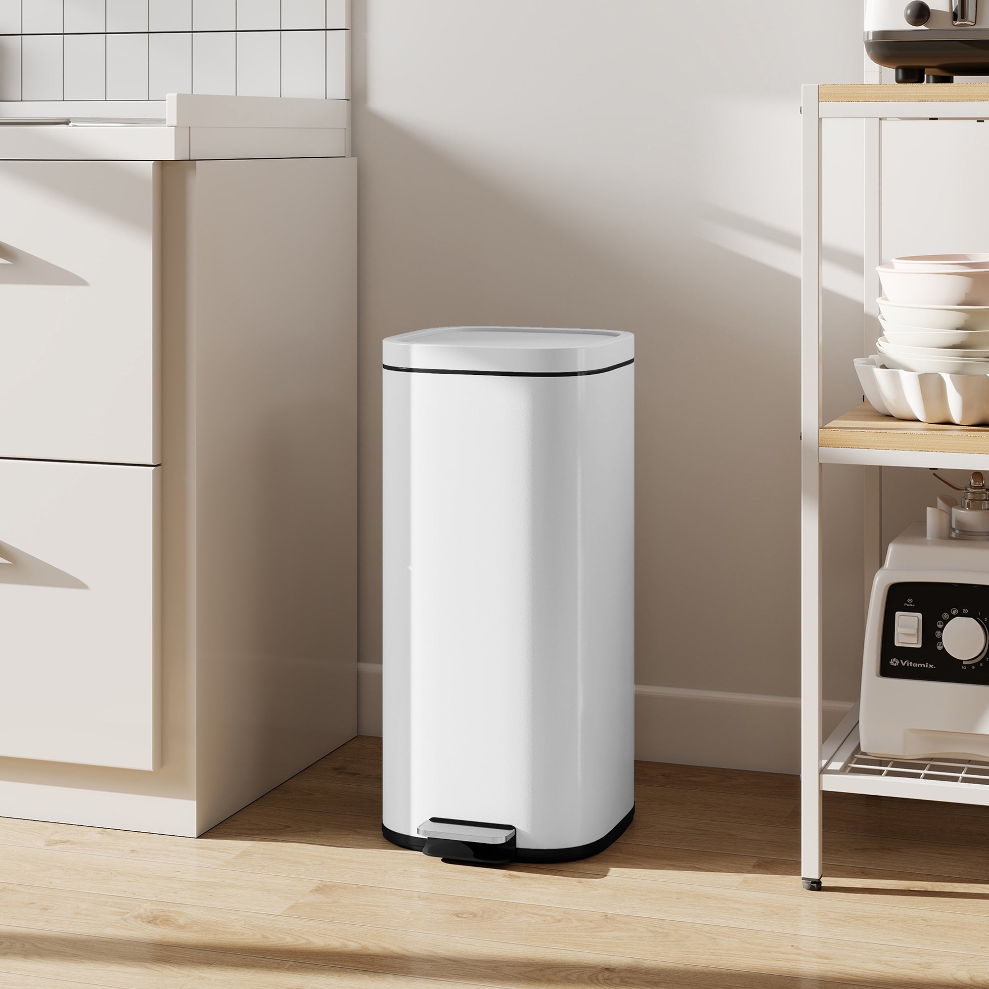 30L Kitchen Bin with Lid, Compact Pedal Bin with Soft-Close and Stay-Open Lid, Removable Inner Bucket, Fingerprint-Resistant for Kitchen, Home, Office, Bedroom, White